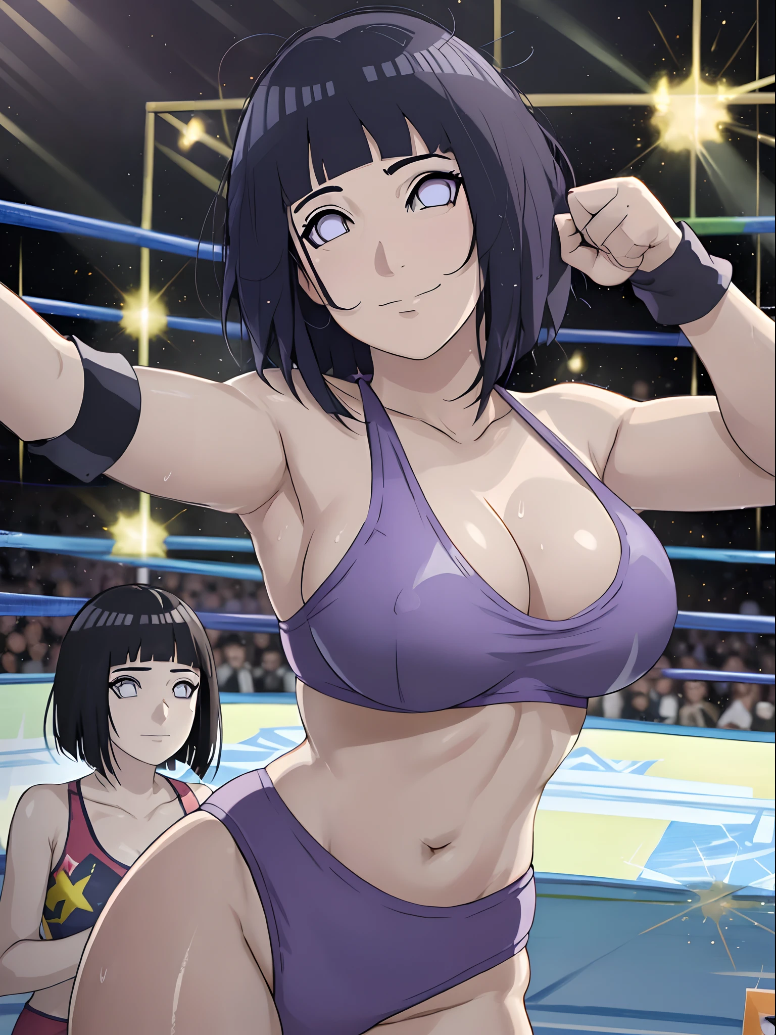 poster, anime style, hires ((wrestling ground)), (hinata\(boruto\), (female wrestler), (slender body, sweating, tired), mature woman, milf, (bikini, ultra detailed pro wrestling gear) victorious, gorgeous, winner, kind face, smile, closed mouth, (pale skin, shiny skin, lighting and shadow), (dark blue hair color:1.1), wavy hair, ((short hair, hime cut), big breasts, (only one arm stretching), long belly, closed fists, seductive, (perfect eyes, white sciera, bright eyes, white eyes, anime eyes, eyeshadow, looking at the viewer)