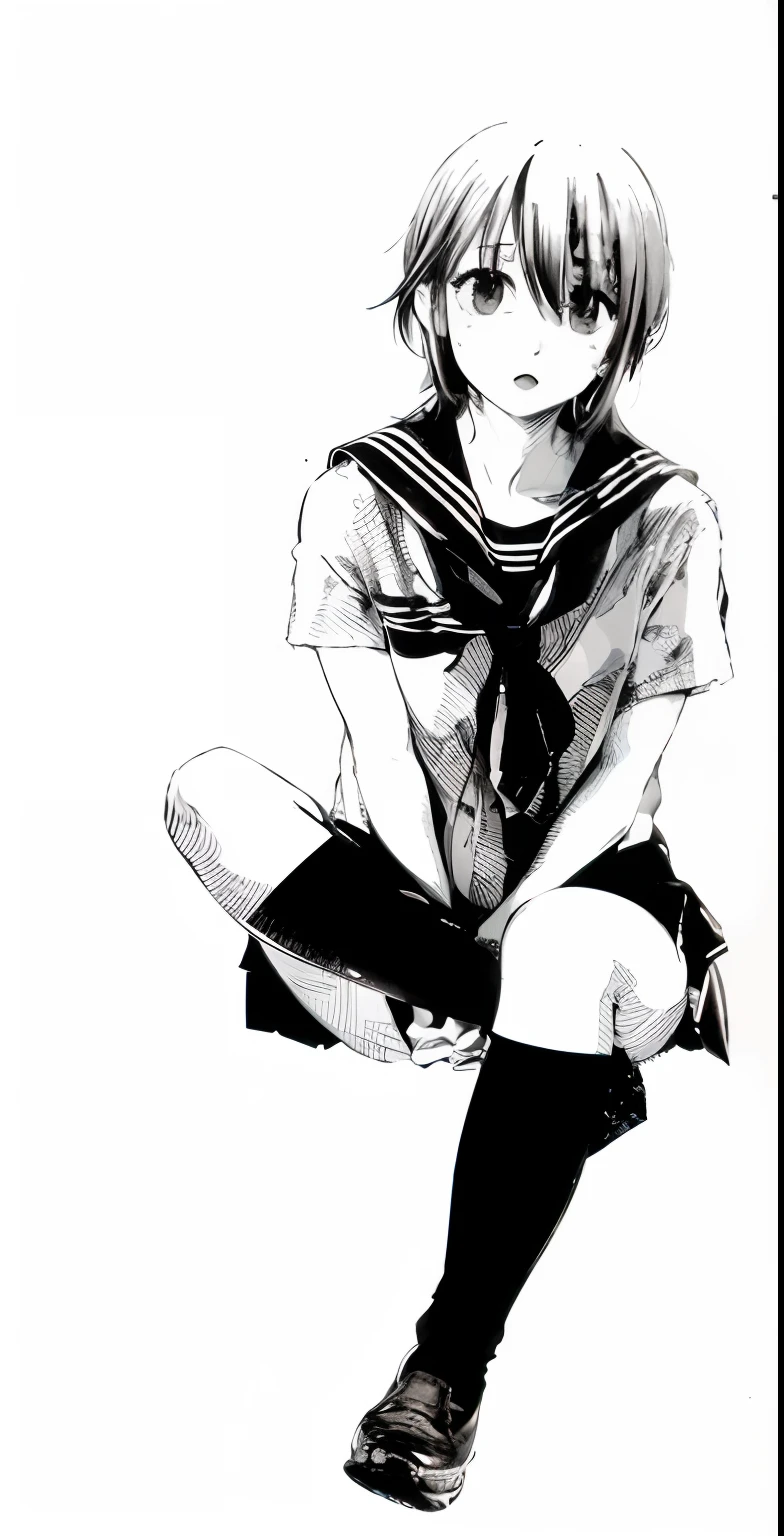 anime girl sitting on the ground with her legs crossed, black and white manga style, the anime girl is crouching, beautiful anime girl squatting, 「an anime girl, an anime girl, Rei Hiroe, young anime girl, Sailor Uniform, black and white manga, a manga drawing, Anime Girl, aya takano color style, Fubuki