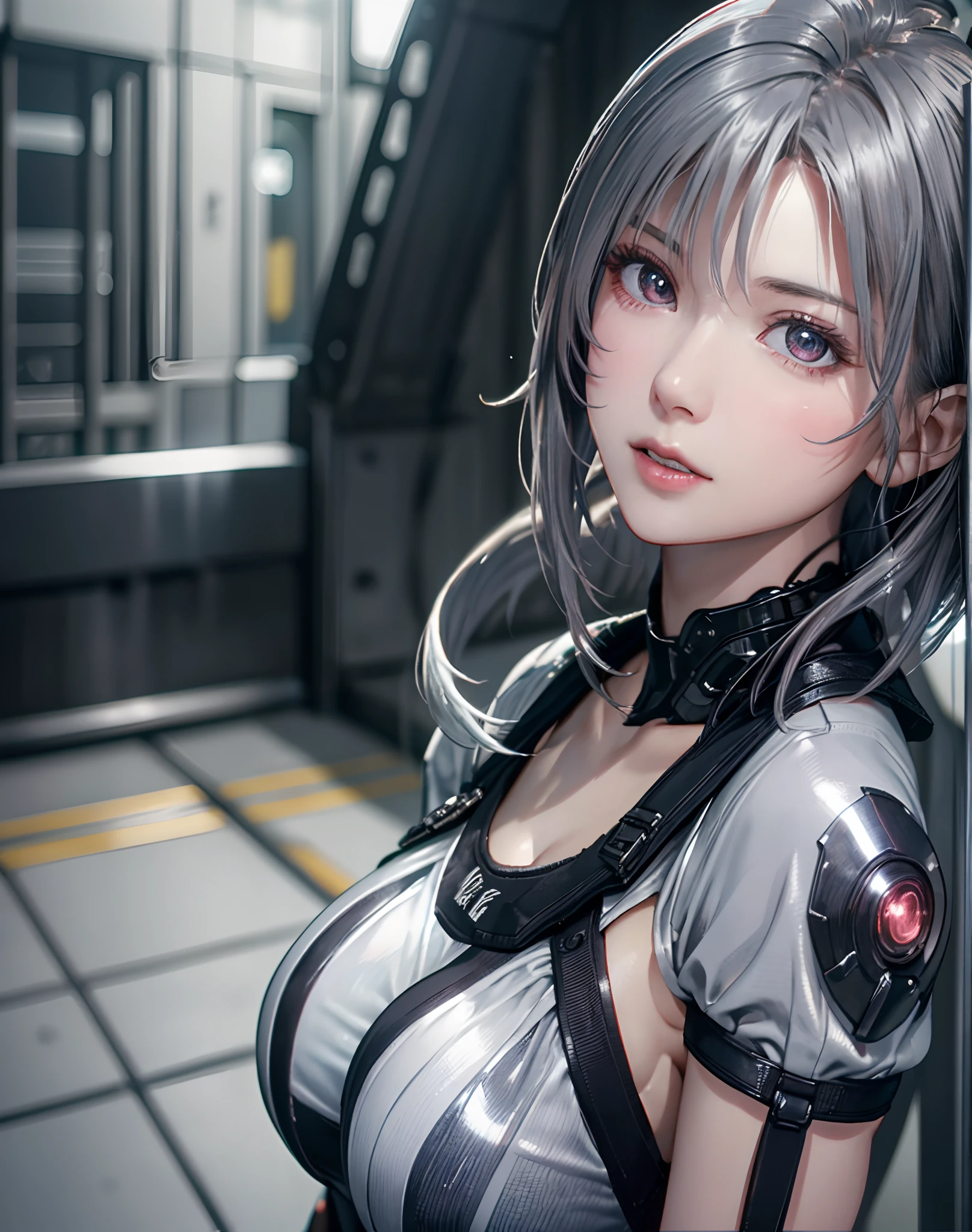 (8K, Photorealistic, Raw photo, of the highest quality: 1.3), (1girl in), Super beautiful, (Realistic face), (boyish, Silver Color Berry Shorthair), Beautiful cyberpunk suit, Glare that captivates the viewer, Beautiful expression, Beautiful breasts, (Realistic skin), Beautiful...