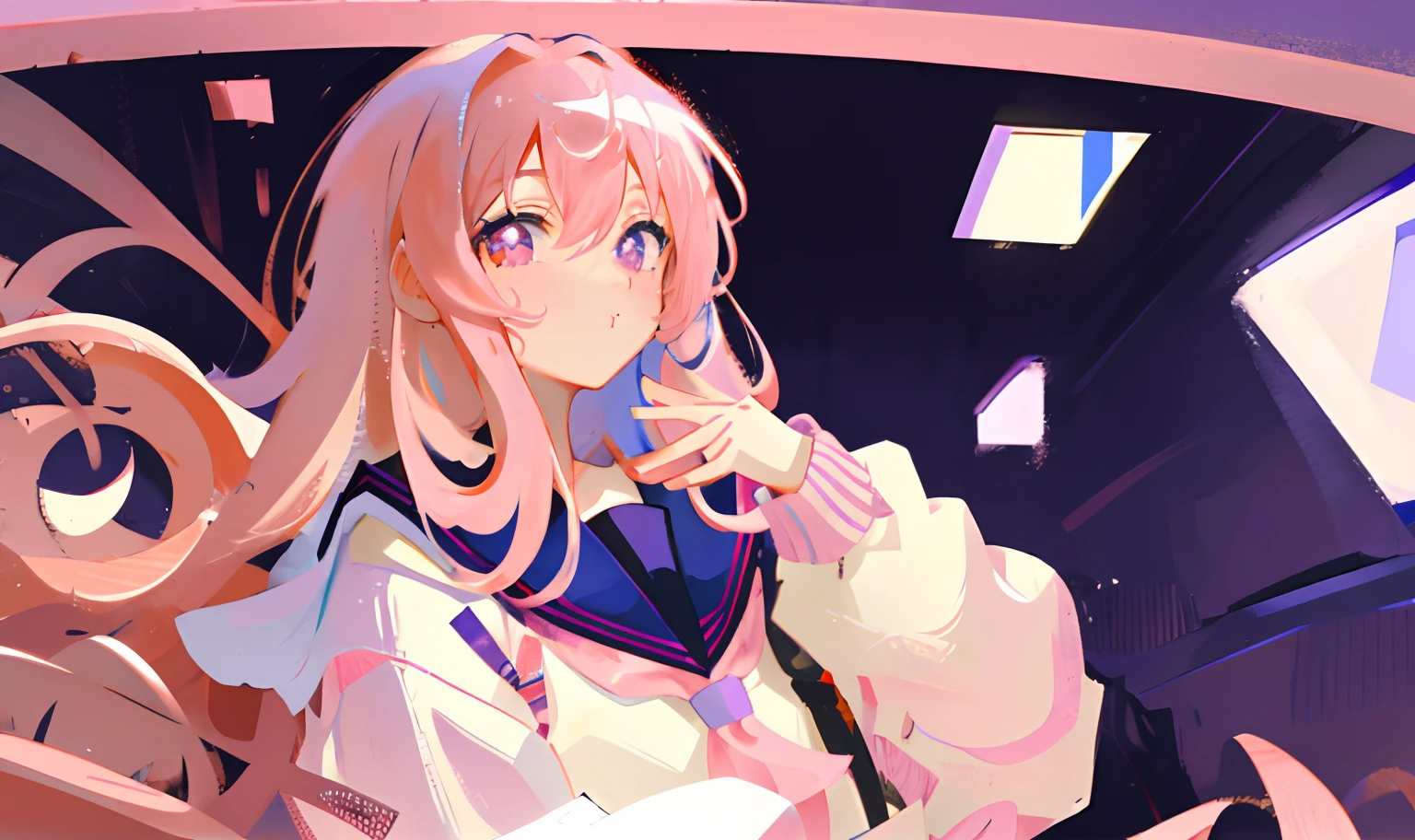 schoolgirls,abstract backgrounds,long pink hair,Beige sweater,Blue-violet iris,Red pupils,No highlights in the eyes,Pout,solo person