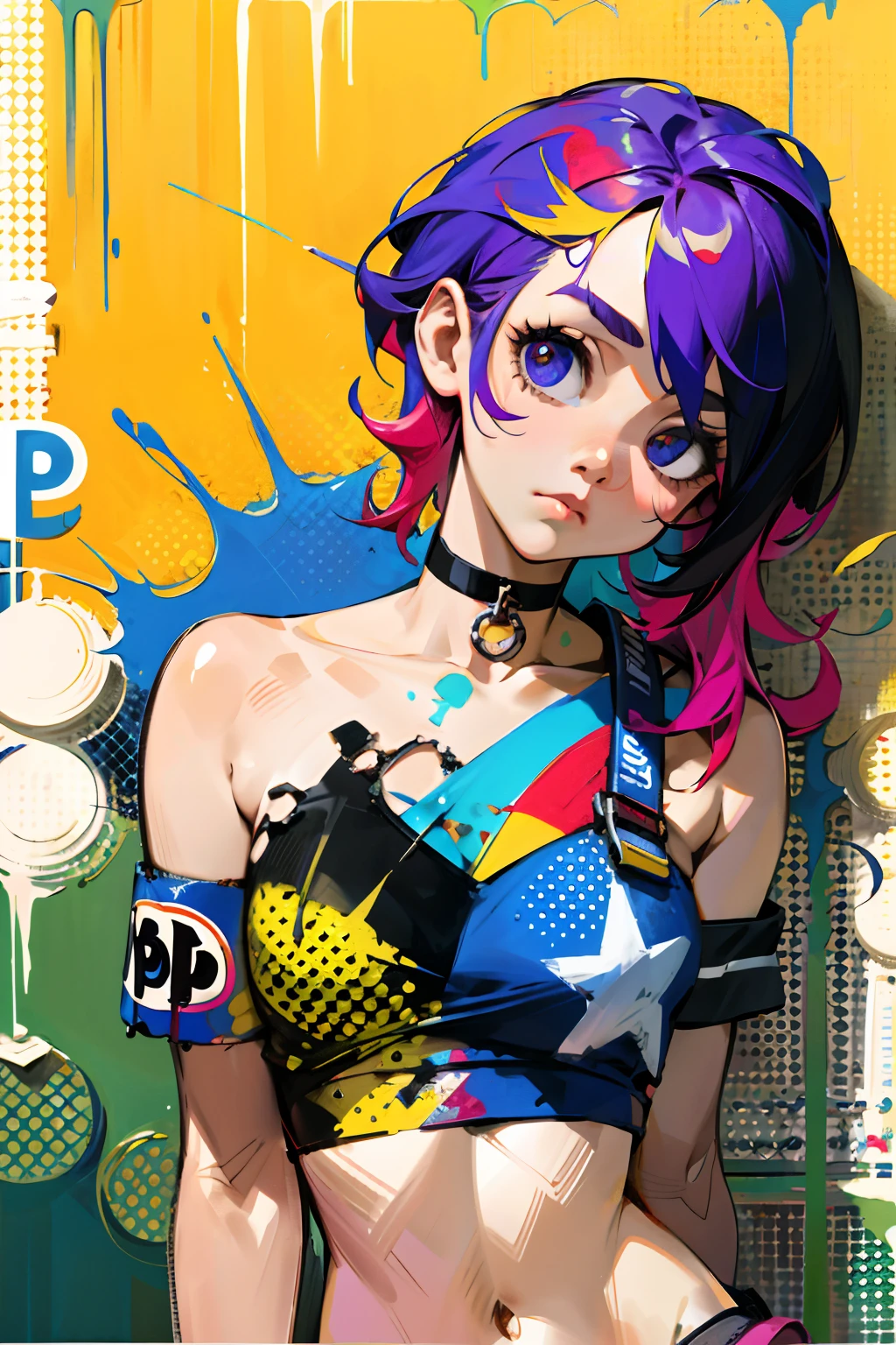 absurdres, best quality,1girl, solo, streaked hair, crop top, denim shorts, choker, (pop art:1.5), paint splatter, arms behind back, (slouching), leaning back, against wall, (leaning to the side:0.25), looking at viewer, armband, thigh strap, streaked hair, paint on body, upturned eyes, head down, head tilt, (from side:0.75), bored, (expressionless:0.75)