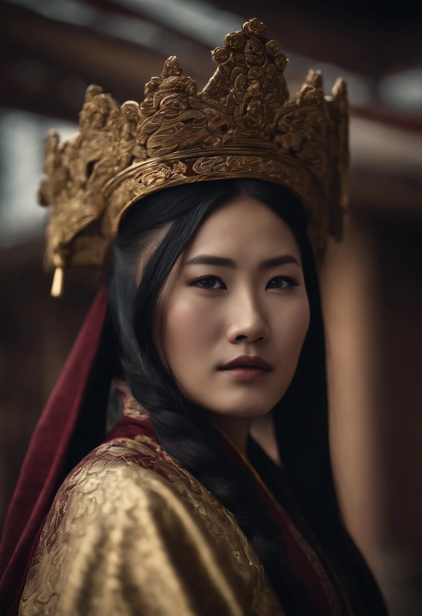 Crie uma imagem comovente de uma das filhas de Genghis Khan em um trono, with a queen's crown and holding a scroll symbolizing her late husband's inheritance. She is surrounded by counselors and exudes confidence.