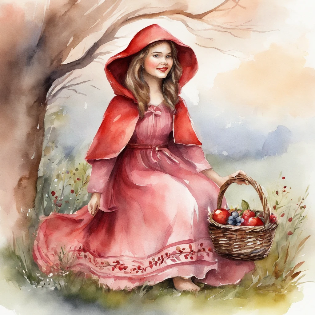 Picture of a girl in a pink dress, holding a basket, Picnic, dressed in a beautiful red robe, fairy-tale illustration style, In the art style of Vbowater, Little Red Riding Hood Thief, Cute picture of the character, red cap, Hood & Cover , red cape, Cute assistant, cute cartoon style, red cap, fairycore, Dress-cape