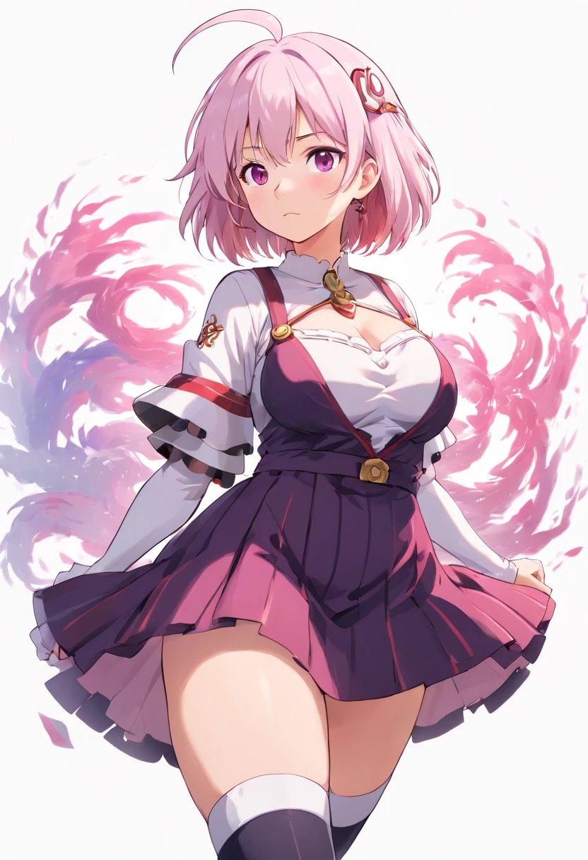 (Masterpiece, Best Quality, Highres:1.4), Detailed, Intricate Details, 4K, 1Girl, Solo, Mature, Standing, (astolfo \(fate\):1.1), (Facing Viewer:1.2), Upper Body, Pink Hair, Medium Hair, Streaked Hair, Hair Ornament, Purple Eyes, Cleavage Cutout, Cleavage, Black Skirt, Striped Thighhighs, (Huge Breasts:1.2), (White Background, Simple Background:1.4),