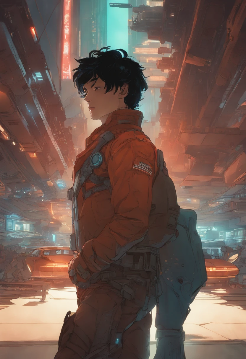 Anime-Typ, der auf dem Boden sitzt und den Planeten betrachtet, Weltraum-Cowboy, Cyber-Weltraum-Cowboy, inspiriert von Josan Gonzalez, Makoto Shinkai ( Apex-Legenden ), Akira Kunststil, Ross Tran Stil, Akira-Vibes, Akira-Kunststil, schwebend neben Planeten, Josan Gonzales, Sci-Fi-Kunst!!!!!!!, Josan Gonzales!!!, im Weltraum, Moderner Sci-Fi-Anime