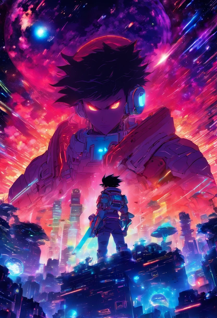 Anime-Typ, der auf dem Boden sitzt und den Planeten betrachtet, Weltraum-Cowboy, Cyber-Weltraum-Cowboy, inspiriert von Josan Gonzalez, Makoto Shinkai ( Apex-Legenden ), Akira Kunststil, Ross Tran Stil, Akira-Vibes, Akira-Kunststil, schwebend neben Planeten, Josan Gonzales, Sci-Fi-Kunst!!!!!!!, Josan Gonzales!!!, im Weltraum, Moderner Sci-Fi-Anime
