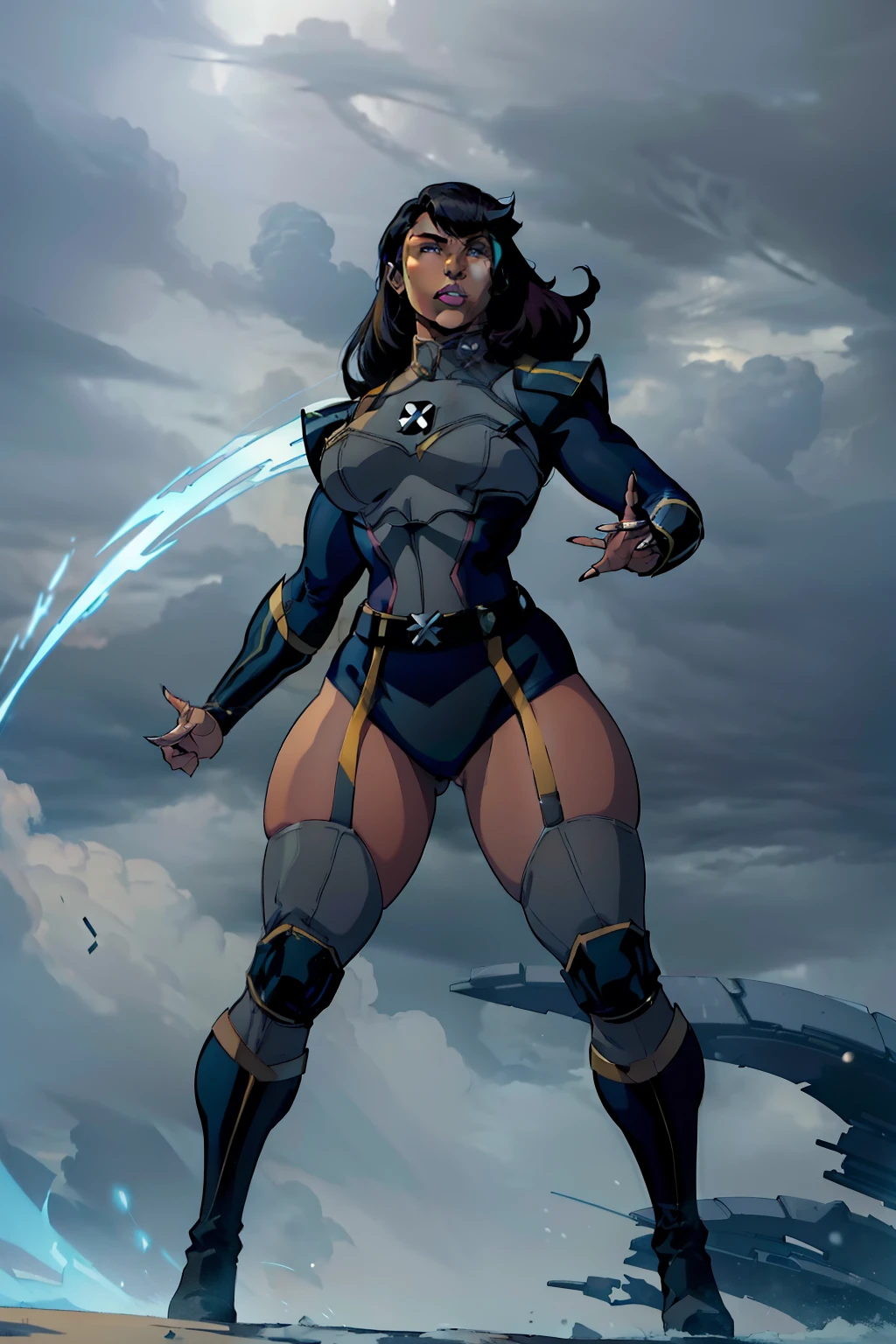 (masterpiece), (best quality), ((Nicki Minaj)), makeup, (brown skinned female), (thick thighs), ((small breasts:1:1)), ((wide waist)), hair with bangs, ((storm from x-men outfit)), ((grey background)), contoured