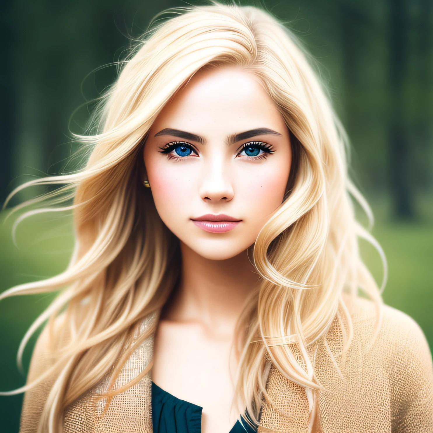 Raw analog style, a stunning portrait of a beautiful young woman with blonde hair and brown eyeswith striking features. she should have long, flowing hair, a captivating gaze, and an alluring expression. the background should be neutral and simple, allowing the woman to be the image's focal point. please pay close attention to the details, such as the highlights and shadows on her face and hair, to create a lifelike and realistic image. experiment with different lighting techniques to enhance the mood and atmosphere of the portrait. the final product should be a masterpiece that captures the essence and beauty of the woman, ((highly detailed skin, skin details)), sharp focus, volumetric fog, 8k uhd, dslr, high quality, film grain, fujifilm xt3
