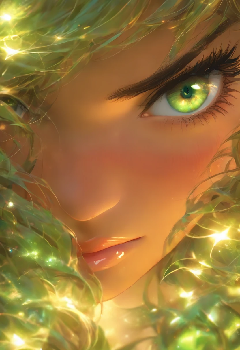 "Describe a girl with a delicate face and African features. His green eyes are the highlight, being well detailed and expressive. The irises have vibrant shades of light brown, with a golden ring around the pupil. The eyelashes are long and curved, further enhancing the charming look. Her eyebrows are precisely defined, with well-groomed and arched hair, highlighting the facial expression. The makeup is soft, enhancing the girl's natural beauty. Her skin is flawless, with a smooth and luminous texture. The lips are delicate and proportional, with a soft and natural color. The image should be captured in high definition, providing a faithful representation of the girl in realistic photographic style." "type": "photograph", "art_styles": "realistic", "art_inspirations": "portrait photography, fashion photography", "camera": "Canon EOS R5", "shot": "close-up", "render_related_information": "The image must be captured with extreme precision and detail. Use soft, diffuse lighting to highlight the subtle details of the girl's face. Capture the texture of the hair, highlighting the reflections in the dark and curly strands. Pay attention to the smallest details, such as the curvature of the eyelashes, the sparkle in the eyes and the softness of the lips. The focus should be on the eyes, conveying all the expressiveness and depth of the girl's gaze. The image should convey a sense of realism and authenticity, accurately portraying its unique and charming features