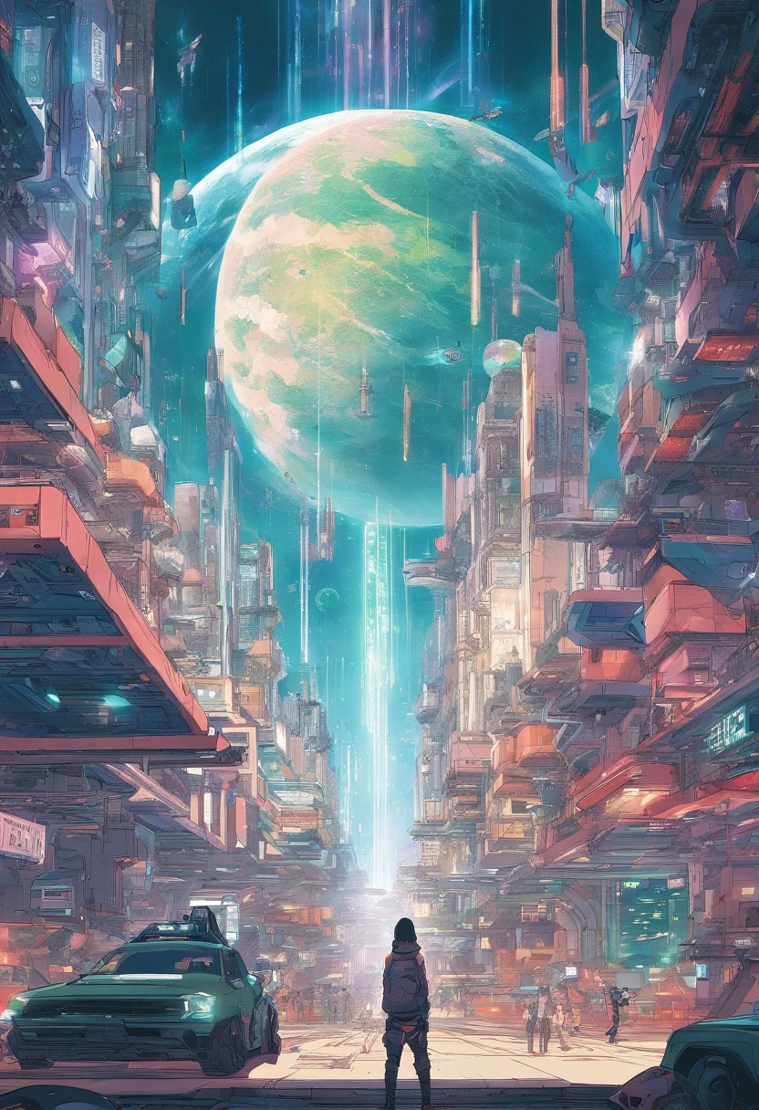 Anime-Typ, der auf dem Boden sitzt und den Planeten betrachtet, Weltraum-Cowboy, Cyber-Weltraum-Cowboy, inspiriert von Josan Gonzalez, Makoto Shinkai ( Apex-Legenden ), Akira Kunststil, Ross Tran Stil, Akira-Vibes, Akira-Kunststil, schwebend neben Planeten, Josan Gonzales, Sci-Fi-Kunst!!!!!!!, Josan Gonzales!!!, im Weltraum, Moderner Sci-Fi-Anime