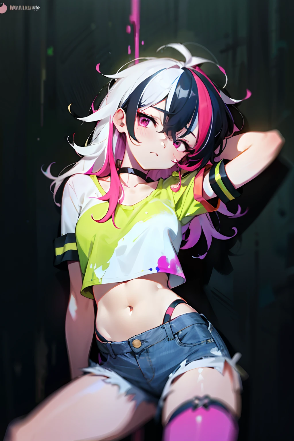 absurdres, best quality,1girl, solo, streaked hair, crop top, denim shorts, choker, ( line art:1.5),  paint splatter, arms behind back, (slouching), leaning back, against wall, (leaning to the side:0.25), looking at viewer, armband, thigh strap, streaked hair, paint on body, upturned eyes, head down, head tilt, (from side:0.75), bored, (expressionless:0.75)