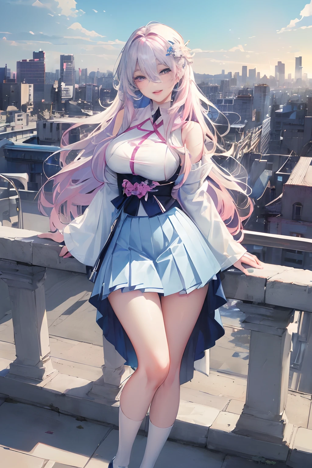 official art, masterpiece, sharp focus, (beautiful gorgeous cute Korean woman:1.3), (beautiful cute korean:1.3), korean beauty, Delicate and beautiful hair and eyes and face, realistic, ultra detailed, beautiful girl, blue sky, glow white particle, (sidelighting:1.2), sun light, white cloud, detailed clouds, slender, Lovely very large breasts and very large hips, smile with teeth, ((smile with eyes, open both eyes)), scenery, long straight hair, sexy facial expression, building, (cityscape:1.7), dynamic hair, long straight hair, detailed platinum pink hair, glow blue eyes, (blue pleated shirts + white skirt), white long socks, pale skin, hair ornament, epic scenery,