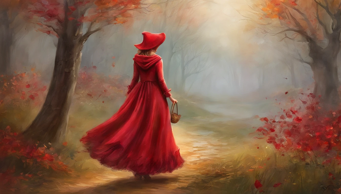 Imagem de uma menina em um vestido rosa, segurando uma cesta, piquenique, vestido com um belo manto vermelho, fairy-tale illustration style, No estilo de arte de Vbowater, Little Red Riding Hood thief, Imagem fofa do personagem, Red cap, Hood & cobrir , capa vermelha, Assistente bonito, estilo bonito dos desenhos animados, Red cap, Fairycore, Capa de vestido