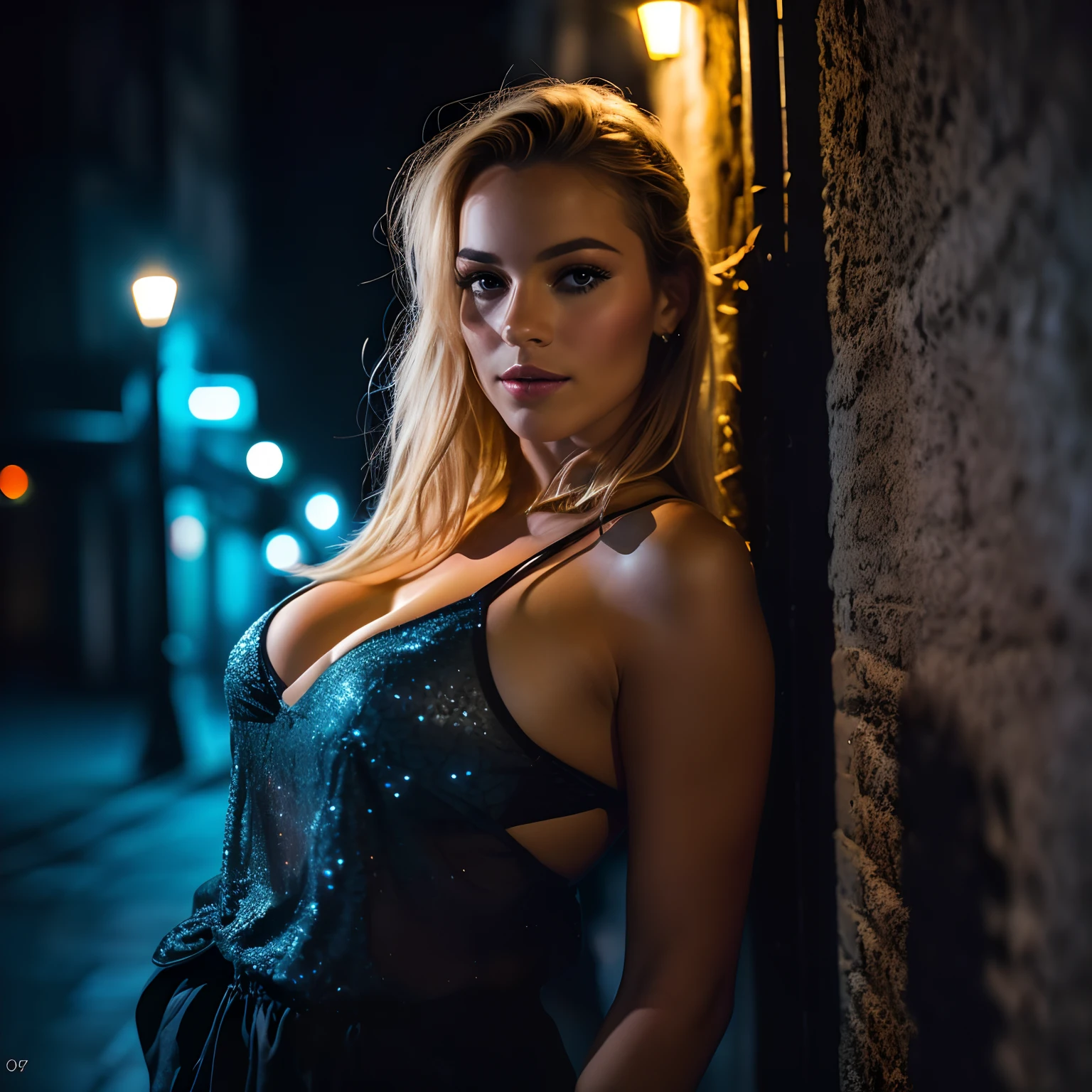 (Prendre des selfies, aerial view: 1.4), (right half of the torso: 1.4), Portrait photo of a 24-year-old blonde in UHD RAW format (Femme aux yeux bleus) Walking down the dark alley, gros seins,, Ville de nuit, (jupe upskipe), (cut-out), specifics (Textures! , cheveux! , scintillant, Couleur!! , Imperfections: 1.1), highly detailed glossy eyes (looking at the camera), DSLR lighting, Reflex, Ultra-quality, re sharpness, Profondeur de champ, grain du film (centre-ville), Fujifilm XT3, Limpide, Centre du cadre, beau visage, mise au point nette, street lamp, neon lighting, Bokeh (dimly lit), la nuit, (Ciel nocturne), detailed skin pores, peau grasse, bronzage, intricate eye details, complet - corps, gros seins