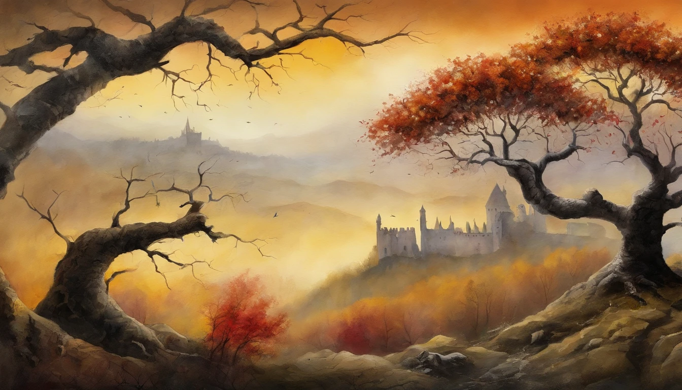 best quality, master part, ultrahigh-resolution, (fotografia realista:1.4), Surrealismo, Semelhante a um sonho,FusionArt, Shadow dancer, magia das sombras,olhos vermelhos, Vampiro de cabelos pretos，Ruined castle in the background