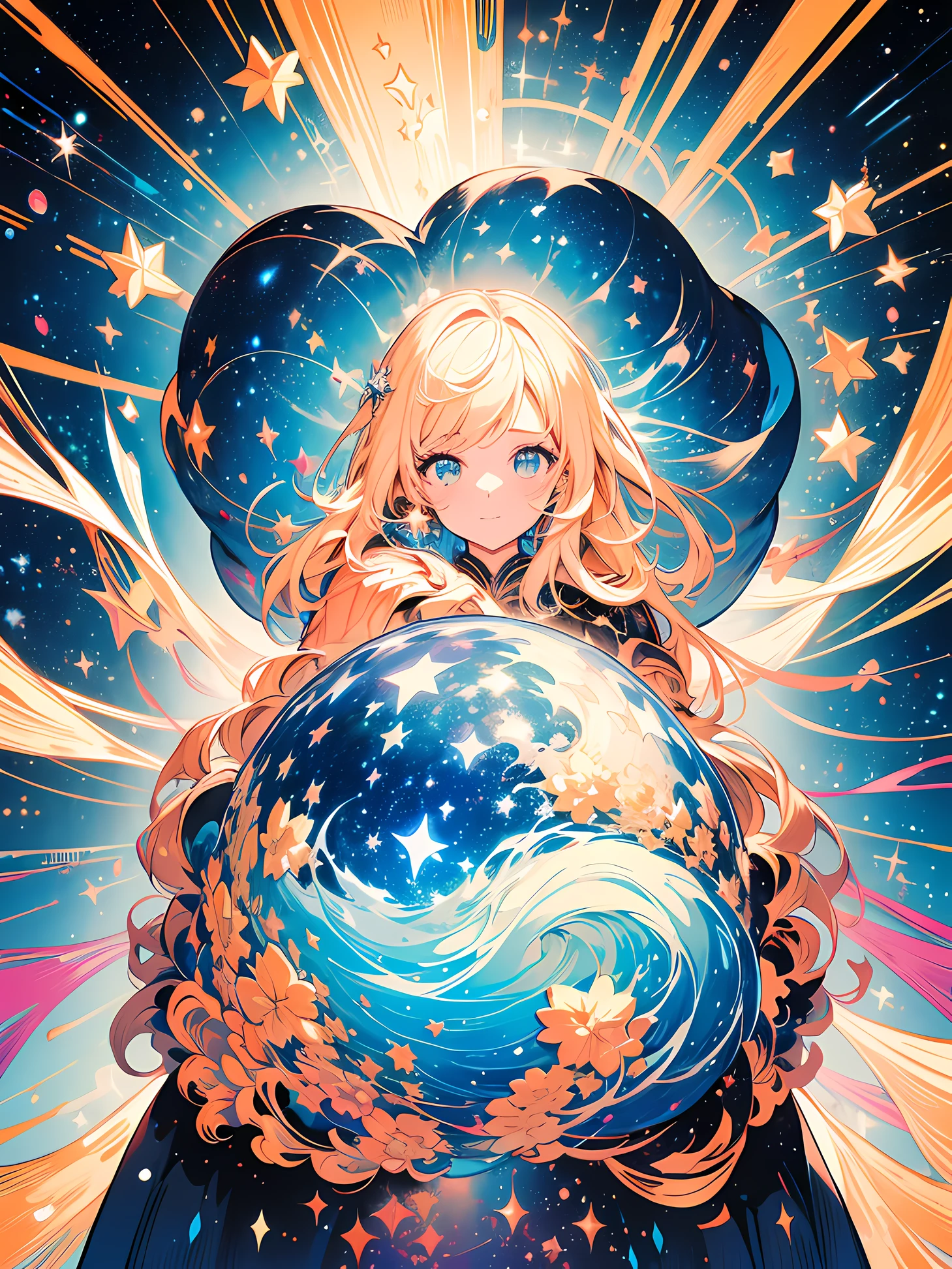 High detail, Super Detalhe, super high resolution, Girl enjoying her time in the galaxy of dreams, cercado por estrelas, luz quente aspergida sobre ela, background is starry sky with colorful galaxies and clouds of galaxies, estrelas voando ao seu redor, rosto delicado, Adding playful atmosphere ,