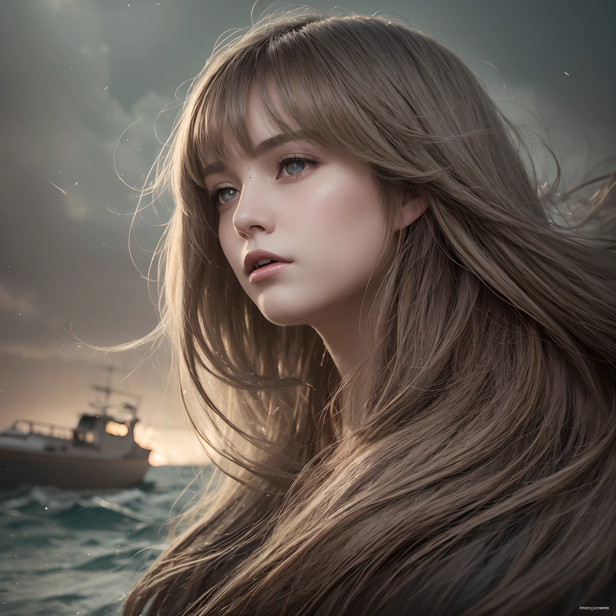 a young woman in the style of nocturne, dreamy atmosphere, dark cyan and red, i can't believe how beautiful this is, serene atmosphere, piles/stacks, flickering light, epic realistic, broken old boat in big storm, illustrated by herg, style of tin tin comics, pen and ink,art by greg rutkowski and artgerm, soft cinematic light, (depth of field:1.4), faded, (neutral colors:1.2), (muted colors:1.2), (artstation:1.4), cinematic, warm lights, dramatic light, complex background, (rutkowski:0.66), (teal and orange:0.4), hdr, (intricate details, hyperdetailed:1.15) (skin texture:1.2) --auto --s2