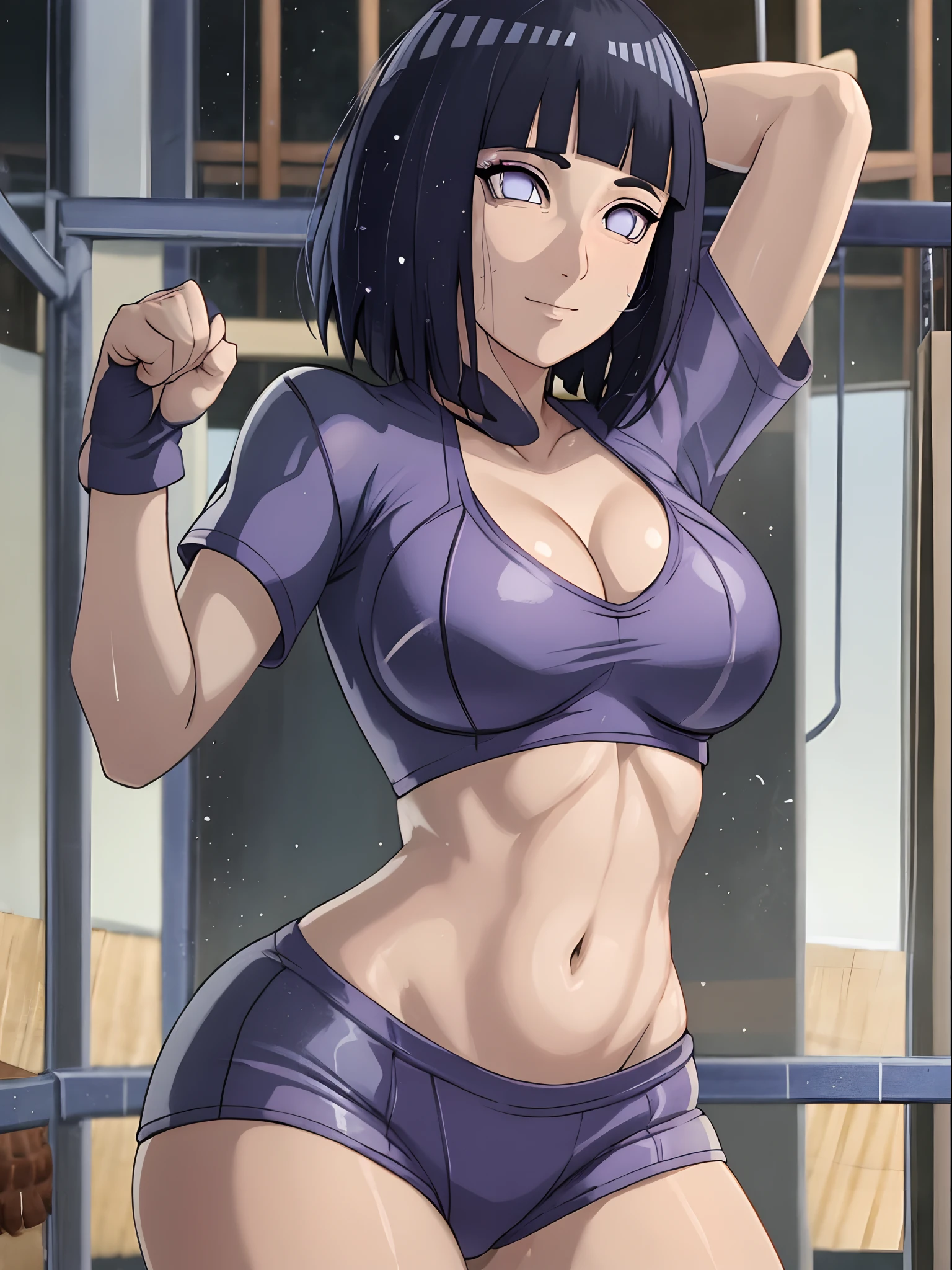 (ultra detailed), poster, anime style, hires ((wrestling ground)), (hinata\(boruto\), (female wrestler), (slender body, sweating, tired), mature woman, milf, (bikini, ultra detailed pro wrestling gear) victorious, gorgeous, winner, kind face, smile, closed mouth, (pale skin, shiny skin, lighting and shadow), (dark blue hair color:1.1), wavy hair, ((short hair, hime cut), big breasts, (only one arm stretching), long belly, closed fists, seductive, (perfect eyes, white sciera, bright eyes, white eyes, anime eyes, eyeshadow, looking at the viewer)