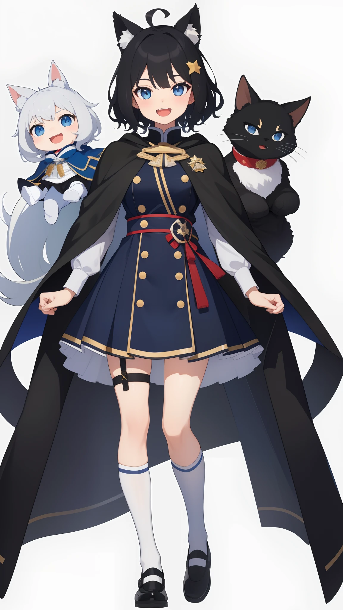 Full body,((Upright)), ((Arms at sides)), Looking at Viewer, simple background、White background, 1girl in, Open mouth, Smile, Virtual Youtuber、girl with、((Best Quality, high_resolution, Distinct_image)),(Black hair), (Black cat ears), (Ahoge), (absurdly short hair), (Wavy Hair), (Blue eyes),、A smile、Very big breasts,(wearing shoes on feet)、concept-art、View Viewer。military outfits。Wearing a cape。
