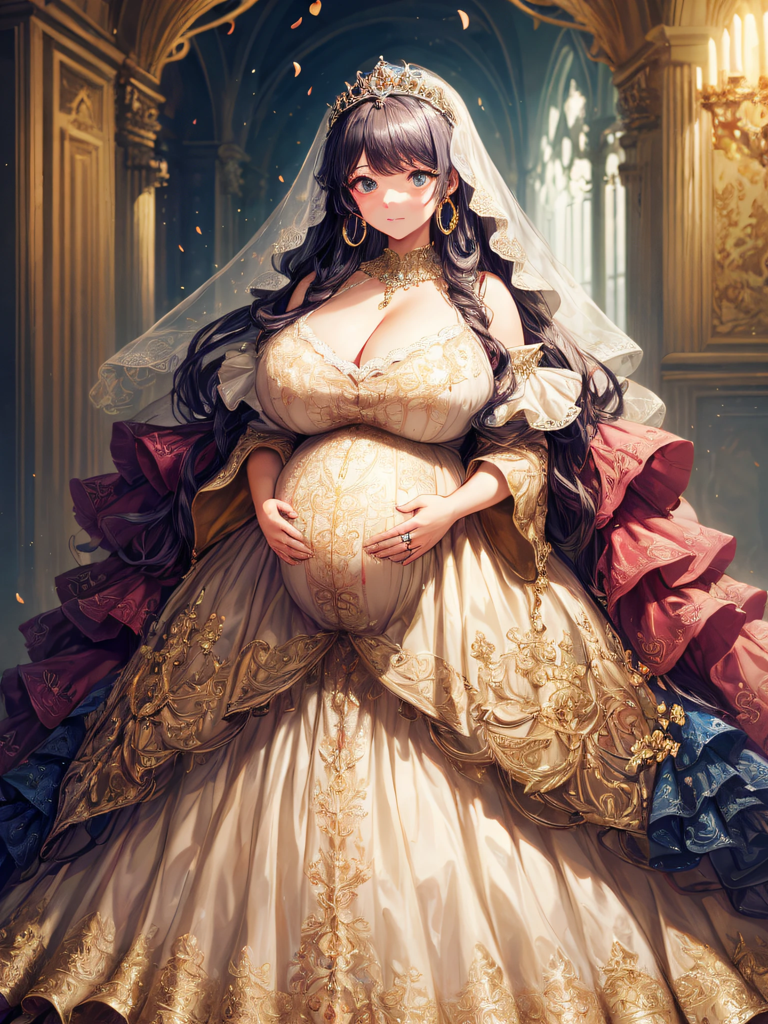(masterpiece, best quality,extremely detailed:1.1),(moe anime art style:1.2),1girl,((full body,focus face)),((solo)), cute, kawaii,digital art,((1 bling-bling pregnant princess wearing beautiful embroidery and jeweled gorgeous rococo ballgown with jeweled voluminous full length hoop skirt)),(((heavily pregnant))),very big pregnant belly,((crinoline)),long train,voluminous frills,See-through,(gorgeous embroidery and beautiful lace),((very gigantic boobs,skindentation)),cleavage,shiny hair,(((very long hair,very long straight hair))),((embarrassed)),anguish,((finely detailed face and eyes)),clear pupil,extremely gorgeousfull hair ornament,(bling-bling jeweled extremely gorgeousfull tiara),(bling-bling gorgeous gemstone jewelry),long veil,(beautiful background),fantasy background,flowers,flower petals flowing,full body,((beautiful embroidery and jeweled ruffled gorgeous rococo ballgown with voluminous full length hoop skirt))