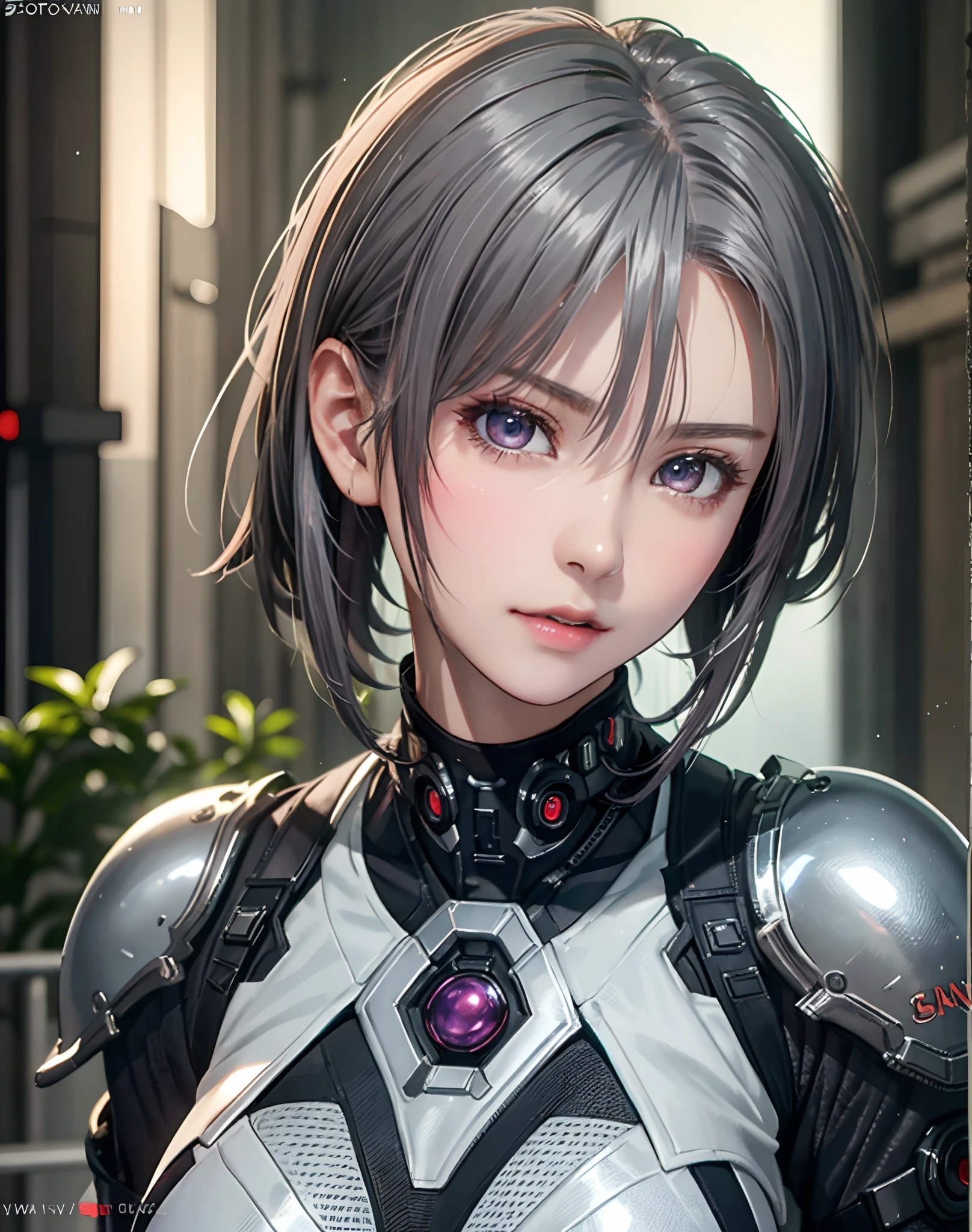 (8K, Photorealistic, Raw photo, of the highest quality: 1.3), (1girl in), Super beautiful, (Realistic face), (boyish, Silver Color Berry Shorthair), Beautiful cyberpunk suit, Glare that captivates viewers, Beautiful expression, Beautiful breasts, (Realistic skin), Beautiful...