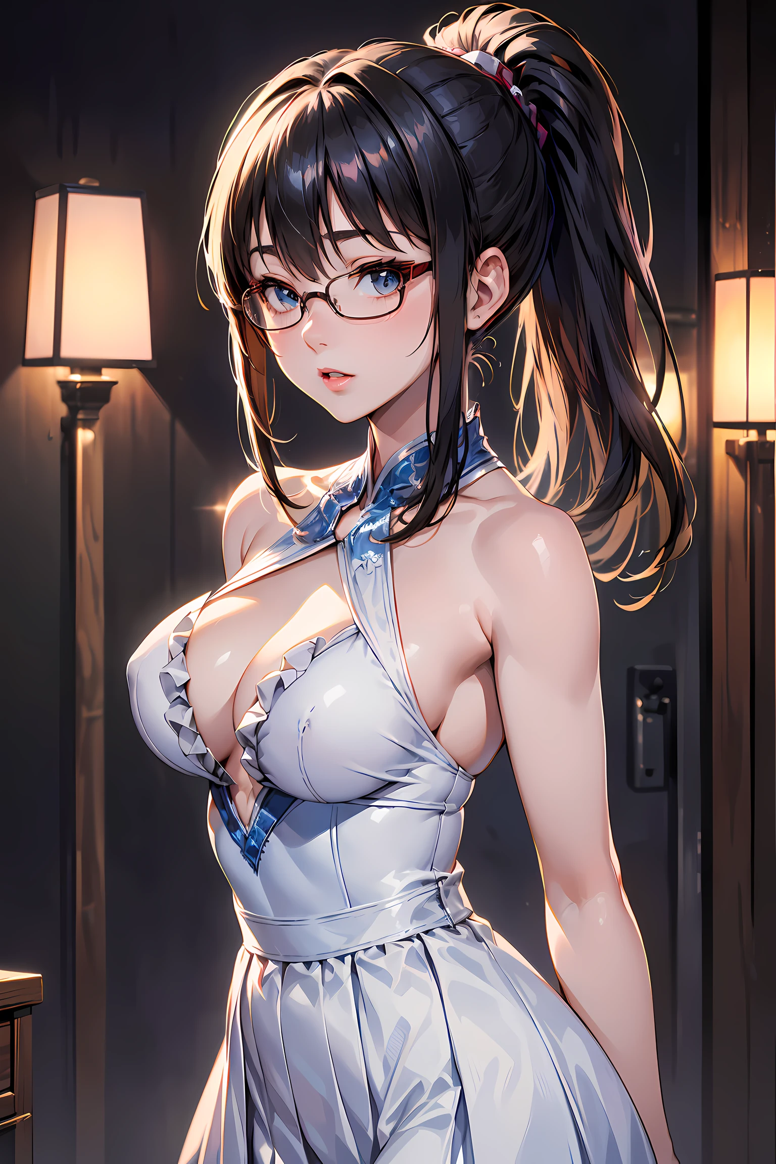 (1glasses girl:1.3, solo), (Audrey Hepburn:1.3), (a extremely pretty and beautiful Japanese woman), (sexy girl), (professional attire:1.3), (22 years old: 1.1), (arms behind back between legs:1.3), (attractive random posing:1.3), (in the queen's room:1.3), (look down:1.3), (starring at you:1.3), (front view:1.3), break, (ponytail:1.3), (shiny-black thin hair:1.2), bangs, dark brown eyes, beautiful eyes, princess eyes, (big eyes:1.3), bangs, wearing a glasses:1.3, Hair between eyes, short hair:1.3, (slender:1.1), (small-medium-breasts:0.95), (thin waist: 1.15), (detailed beautiful girl: 1.4), Parted lips, Red lips, full-make-up face, (shiny skin), ((Perfect Female Body)), (upper body image:1.3), Perfect Anatomy, Perfect Proportions, (most beautiful Korean actress face:1.3, extremely cute and beautiful Japanese actress face:1.3), BREAK, (View viewer, wearing a embroidery frills sexy teacher uniform, (insanely detailed elegant outfit:1.3), (back-open halter-neck princess dress:1.3), (halter-neck dress:1.3), (white-blue dress:1.3), (high-waist-frill-skirt:1.3), detailed clothes, BREAK, (detailed classy queen's room background:1.2), (dark background), (Studio soft lighting: 1.3), (fake lights: 1.3), (backlight: 1.3), BREAK, (Realistic, Photorealistic: 1.37), (Masterpiece, Best Quality: 1.2), (Ultra High Resolution: 1.2), (RAW Photo: 1.2), (Sharp Focus: 1.3), (Face Focus: 1.2), (Ultra Detailed CG Unified 8k Wallpaper: 1.2), (Beautiful Skin: 1.2), (pale Skin: 1.3), (Hyper Sharp Focus: 1.5), (Ultra Sharp Focus: 1.5), (Beautiful pretty face: 1.3), (super detailed background, detail background: 1.3), Ultra Realistic Photo, Hyper Sharp Image, Hyper Detail Image,