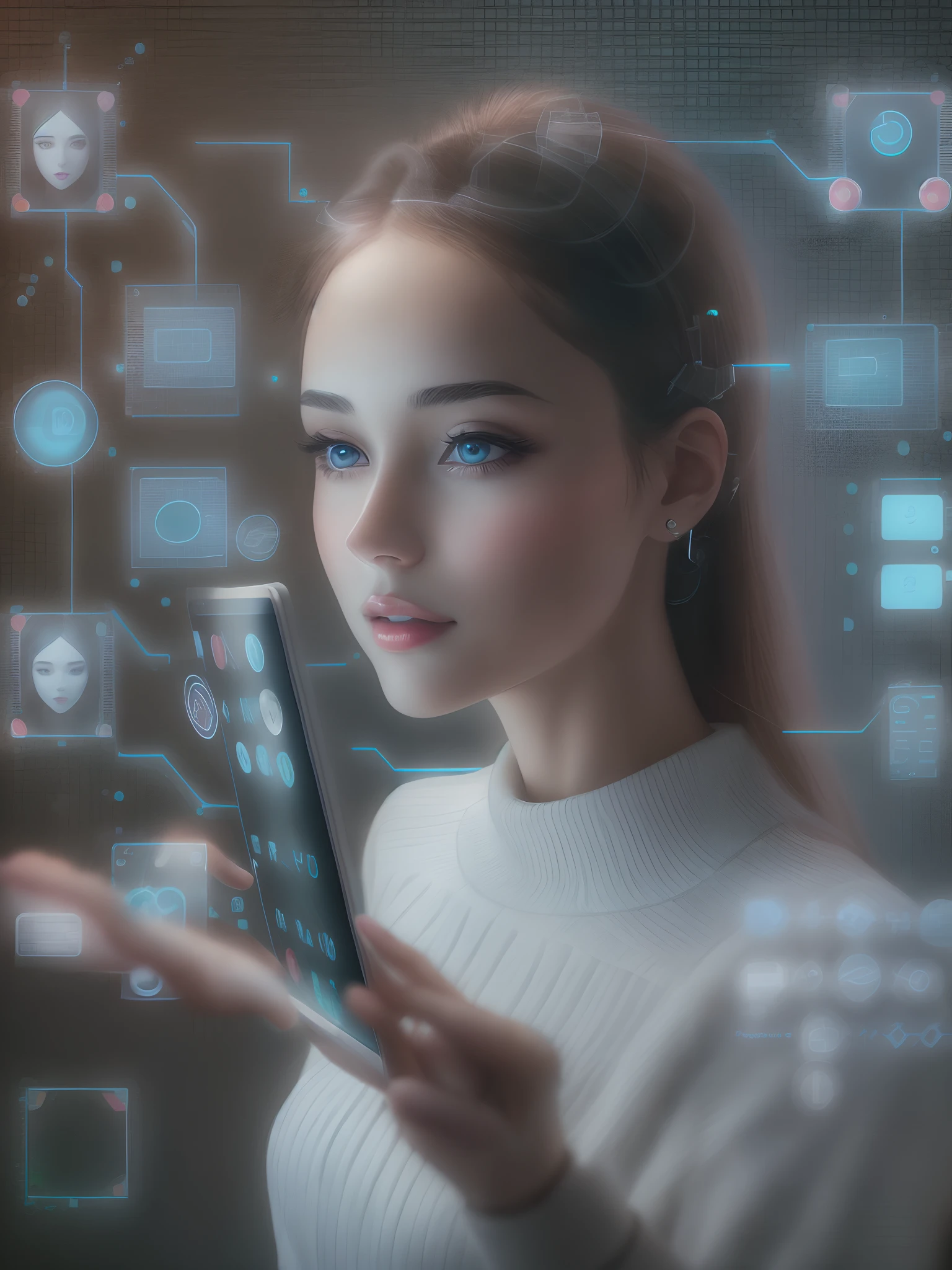 Artificial intelligence Beautiful woman messing with a screen with technology where she shows applications