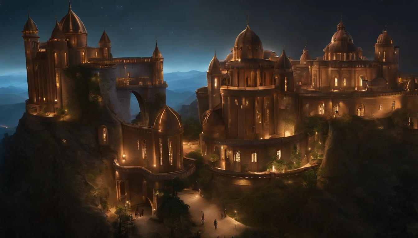 alien age, Curvilinear buildings, Translucent metal for building forms, castelo, Aerial view, Night scenery, arte de fantasia, arte Clemilton Barbosa, detalhes intrincados, 16k