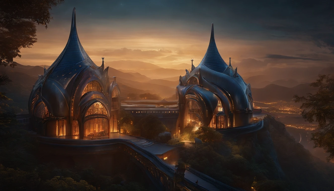 alien age, Curvilinear buildings, Translucent metal for building forms, castelo, Aerial view, Night scenery, arte de fantasia, arte Clemilton Barbosa, detalhes intrincados, 16k