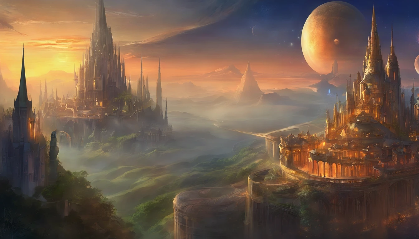 alien age, Curvilinear buildings, Translucent metal for building forms, castelo, Aerial view, Night scenery, arte de fantasia, arte Clemilton Barbosa, detalhes intrincados, 16k