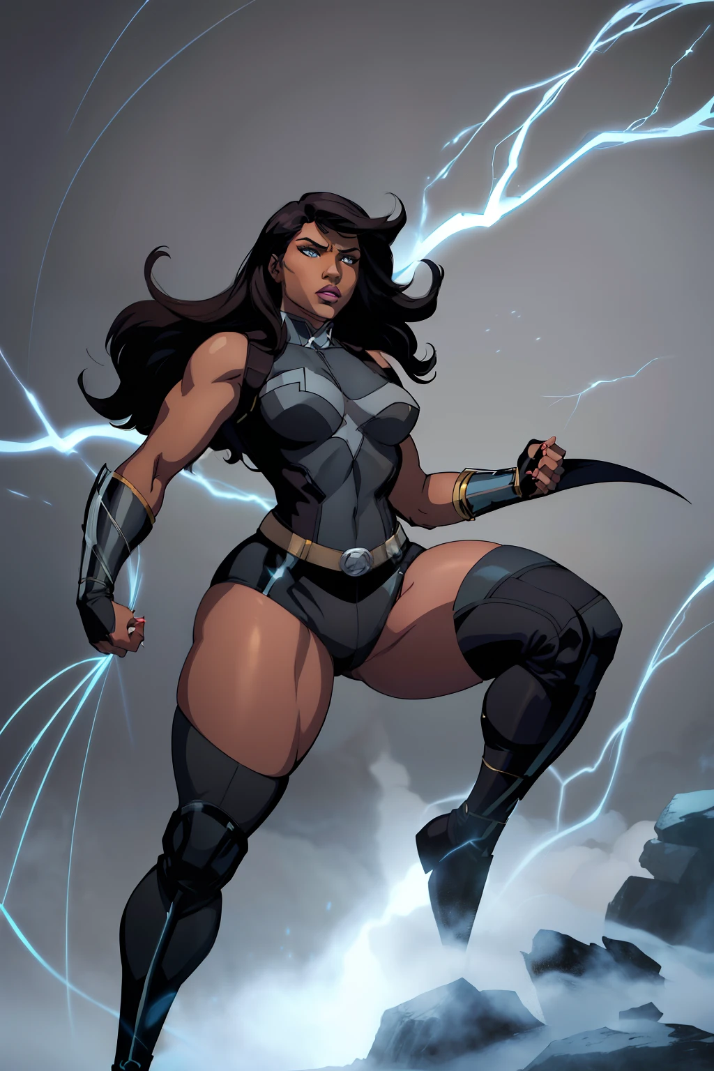(masterpiece), (best quality), ((Nicki Minaj)), makeup, (brown skinned female), (thick thighs), ((small breasts:1:1)), ((wide waist)), hair with bangs, ((storm from x-men outfit)), ((grey background)), contoured