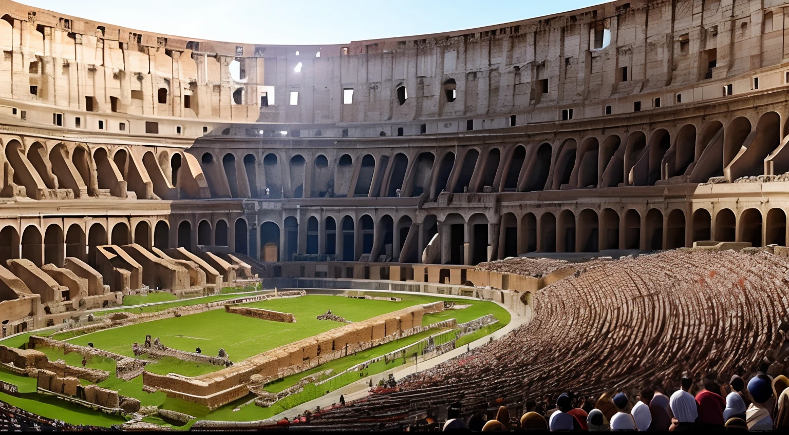 Create an image of a scene from the Colosseum in Ancient Rome during the imperial period. The scene should include a gladiator fighting a lion, while a crowd of Roman citizens watches.