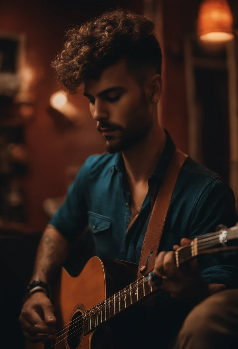 homem meio maquina com fios e ferrugem com cabelos longos tocando guitarra e gritando