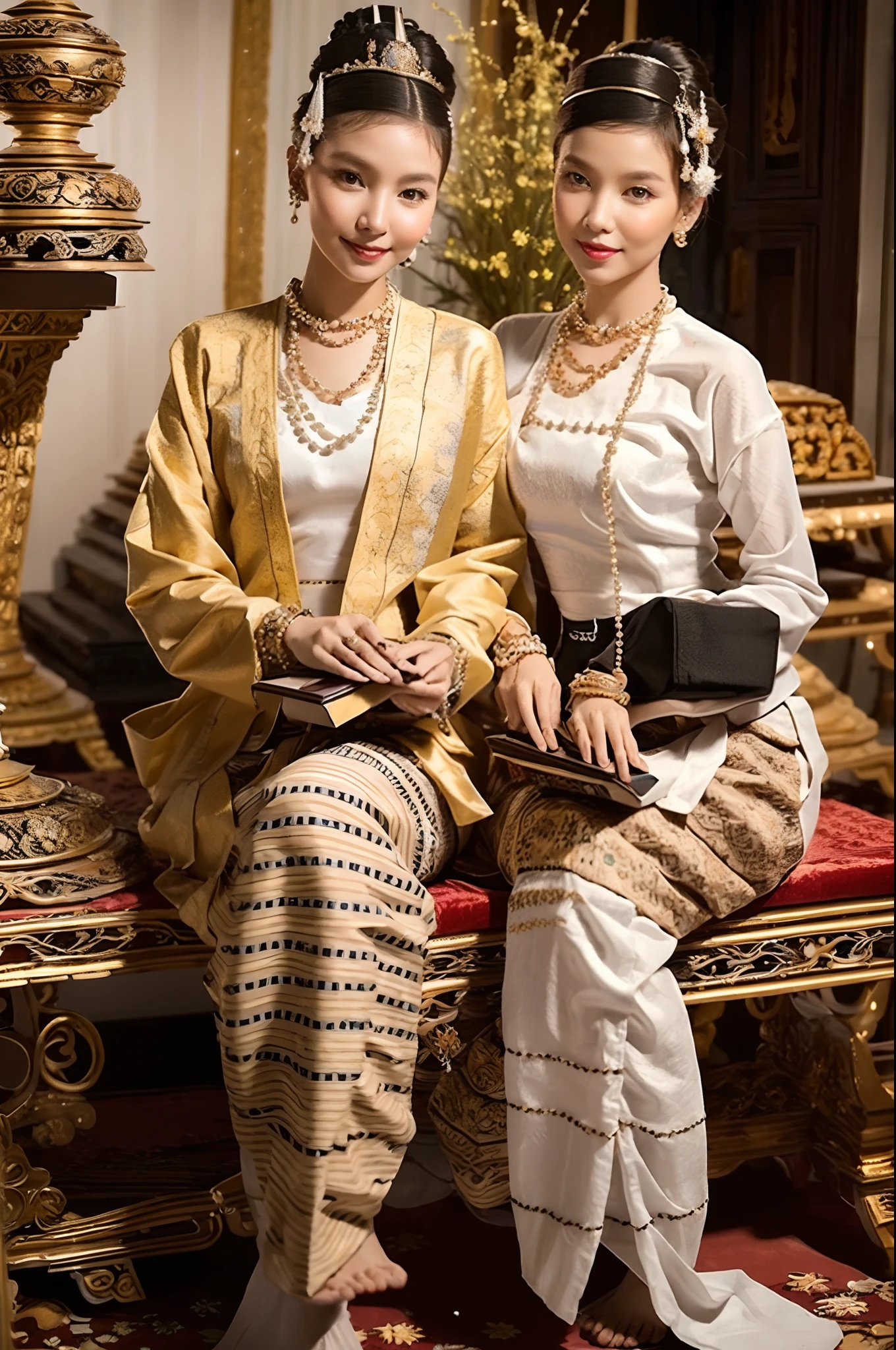 MMTD BURMESE PATTERNED TRADITIONAL DRESS WEAR BEAUTIFUL queen,WEAR PEARL NECKLACES AND GOLD BRACELETS,FULL BODY DETAILS BEAUTY, sitting in royal manner on the long golden traditional throne in golden palace, Myanmar traditional hair style,best composition, full view covered shot, cenimatic lightning and ultra realistic details, octane rendering, unreal engine, sharp focus,32k ,UHD resolution