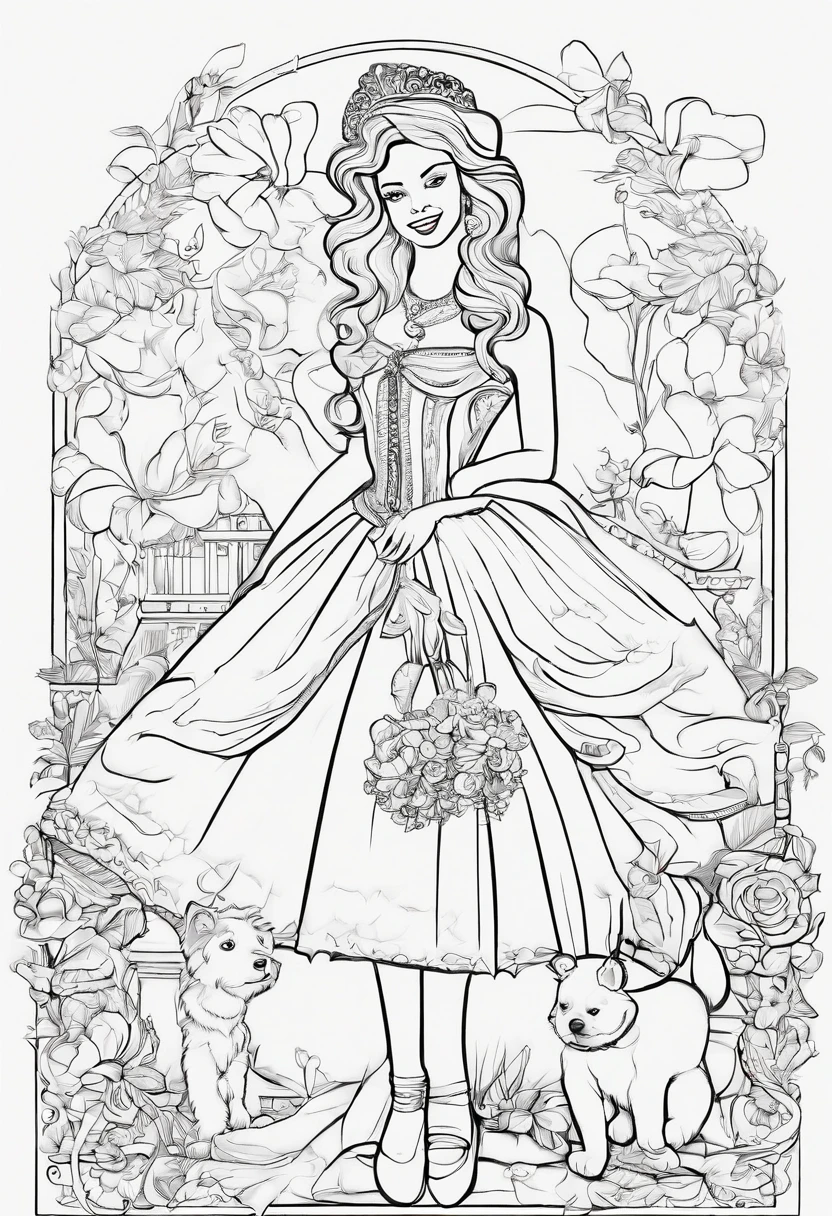Create the image of beautiful princesses with their pet, which is a beautiful dog, with beautiful dresses, perfect hands, for coloring books. Each image must be made with thick black line borders. and a 2:3 aspect ratio. Keep in mind that these designs are for girls ages 3 to . without backgrounds or decorations.