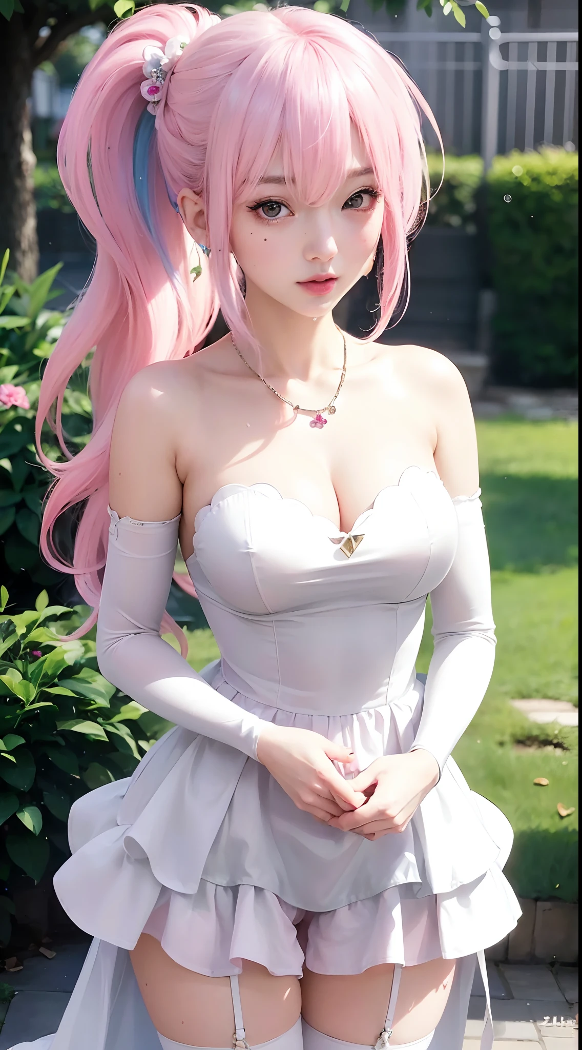 best quality, ultra high res, (photorealistic:1.4), 8k resolution, girl, (pink hair:1.3), (realistic hair:1.2), (Korean girl:1.2), (realistic eyes:1.2), (beauty face:1.3), perfect body, white pale skin, big breast, cleavage, , (eyes looked up:1.3), (wet body and thong:1.2),