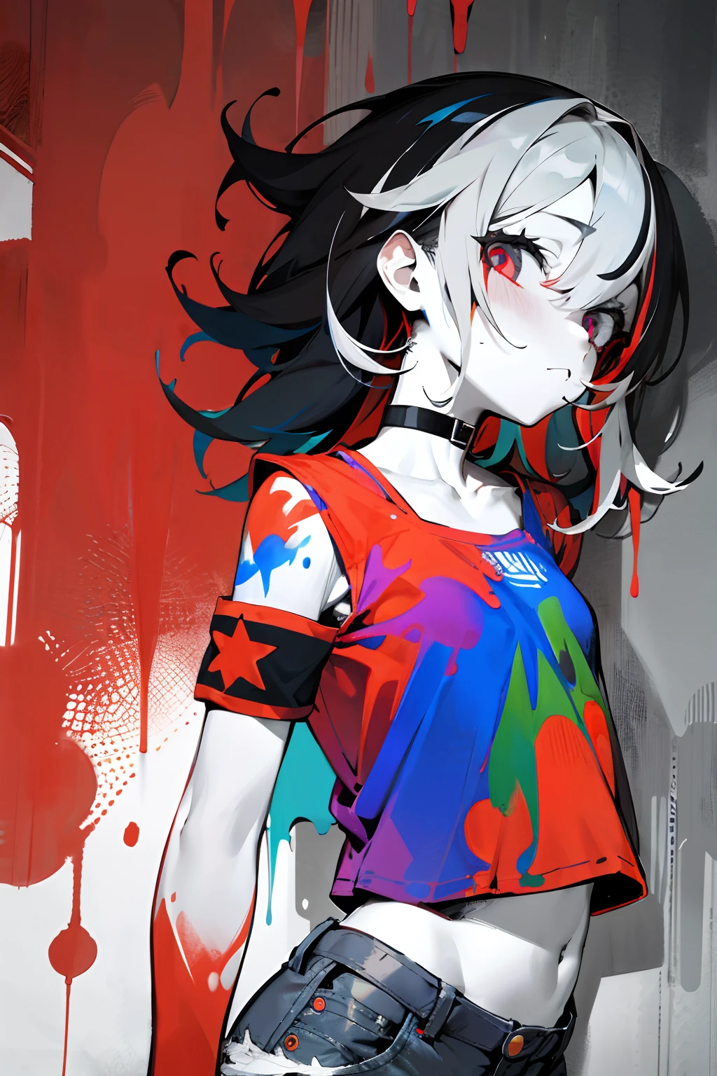 absurdres, best quality,1girl, solo, streaked hair, crop top, denim shorts, choker, (flat color:1.5), paint splatter, arms behind back, (slouching), leaning back, against wall, (leaning to the side:0.25), looking at viewer, armband, thigh strap, streaked hair, paint on body, upturned eyes, head down, head tilt, (from side:0.75), bored, (expressionless:0.75)