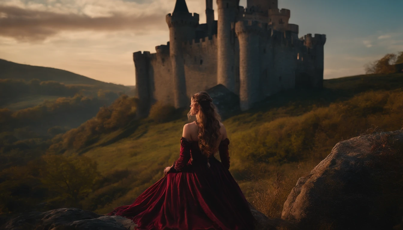 Realistic, solo female, rosto perfeito, PRINCESA DA FANTASIA, Princesa Coroa, castelo medieval, REALISTIC DYSTOPIAN WORLD, SEXO 8K, Realistic, vivid colors, magical landscape.