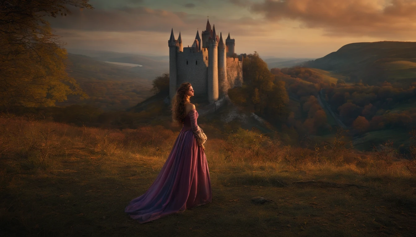 Realistic, solo female, rosto perfeito, PRINCESA DA FANTASIA, Princesa Coroa, castelo medieval, REALISTIC DYSTOPIAN WORLD, SEXO 8K, Realistic, vivid colors, magical landscape.