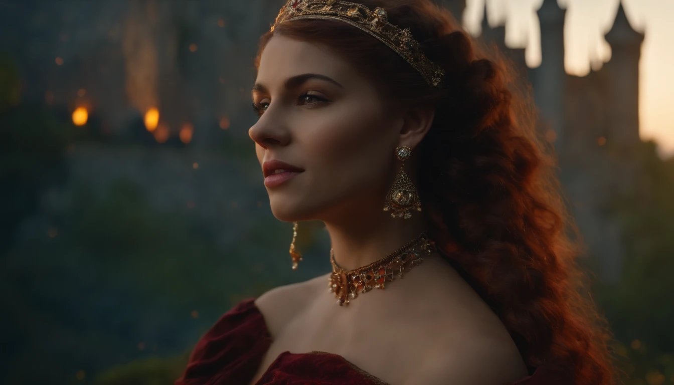 Realistic, solo female, rosto perfeito, PRINCESA DA FANTASIA, Princesa Coroa, castelo medieval, REALISTIC DYSTOPIAN WORLD, SEXO 8K, Realistic, vivid colors, magical landscape.