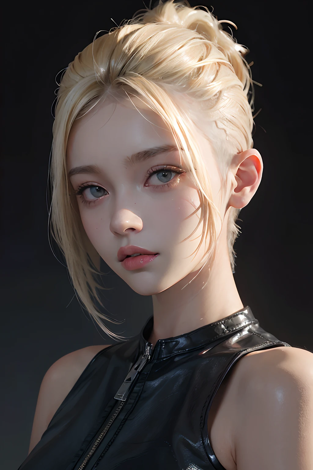 a 20 yo woman, blonde, (hi-top fade:1.3), dark theme, soothing tones, muted colors, high contrast, (natural skin texture, hyperrealism, soft light, sharp)