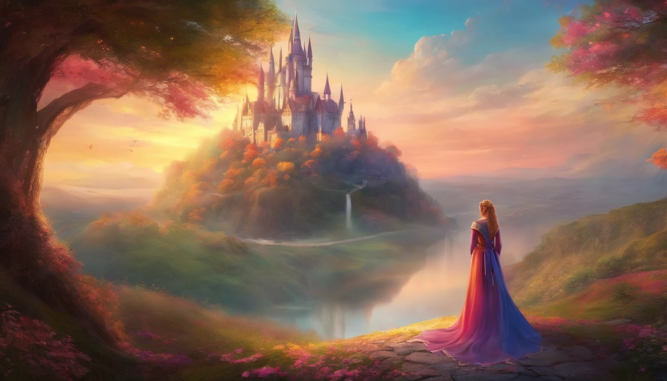 Realistic, solo female, rosto perfeito, PRINCESA DA FANTASIA, Princesa Coroa, castelo medieval, REALISTIC DYSTOPIAN WORLD, SEXO 8K, Realistic, vivid colors, magical landscape.
