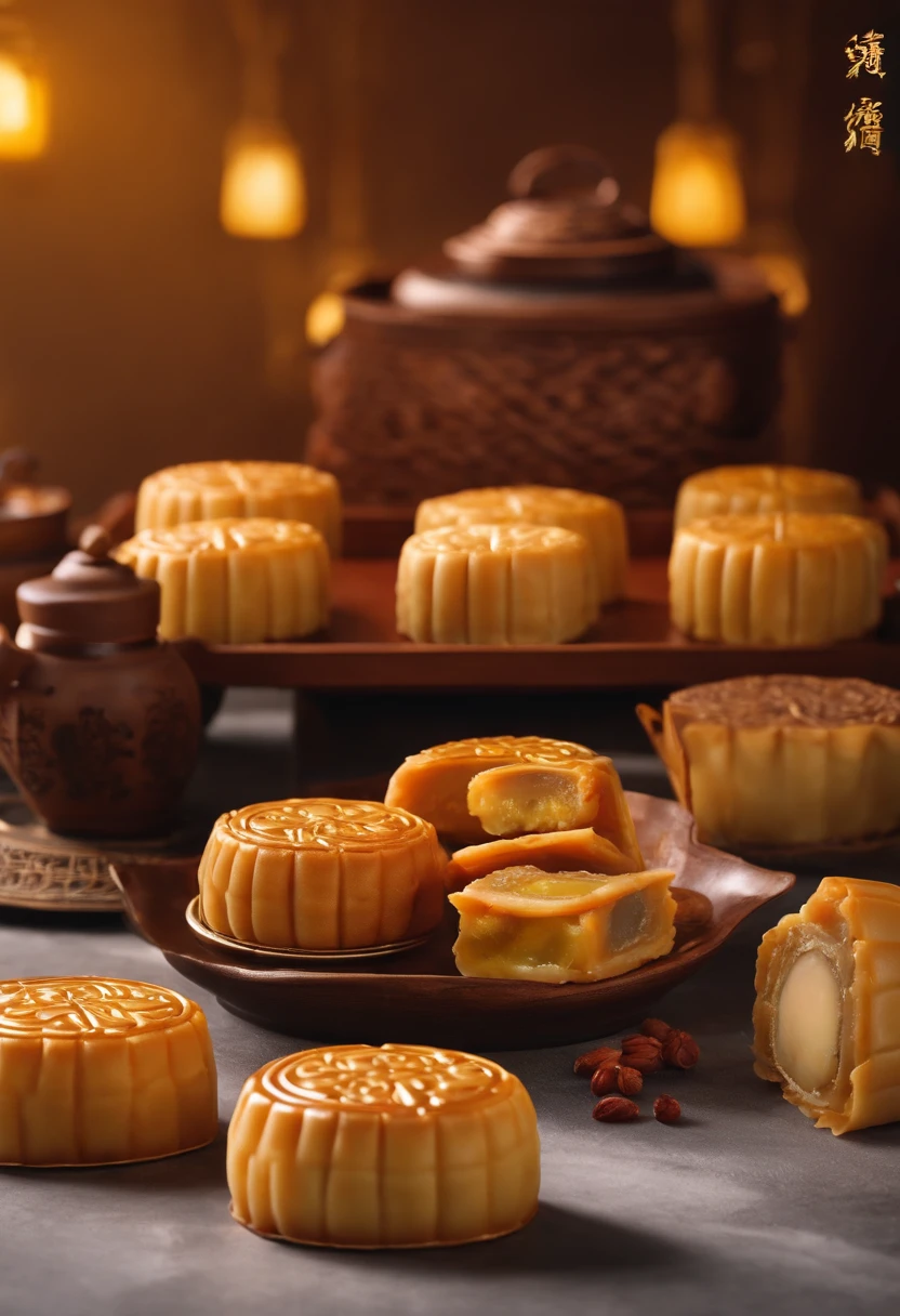 Commercial shooting, Cantonese cuisine 1 egg yolk mooncake, Mooncakes are large in size, poster for, Fresh style background, elegant, Booth lighting, Attractive, photorealistic colors, Ultra HD