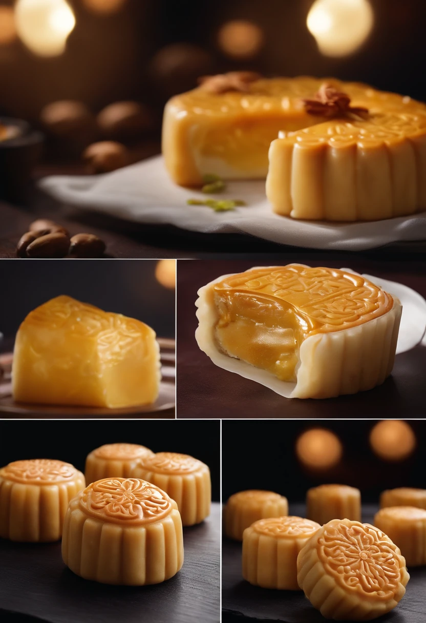 Commercial shooting, Cantonese cuisine 1 egg yolk mooncake, Mooncakes are large in size, poster for, Fresh style background, elegant, Booth lighting, Attractive, photorealistic colors, Ultra HD