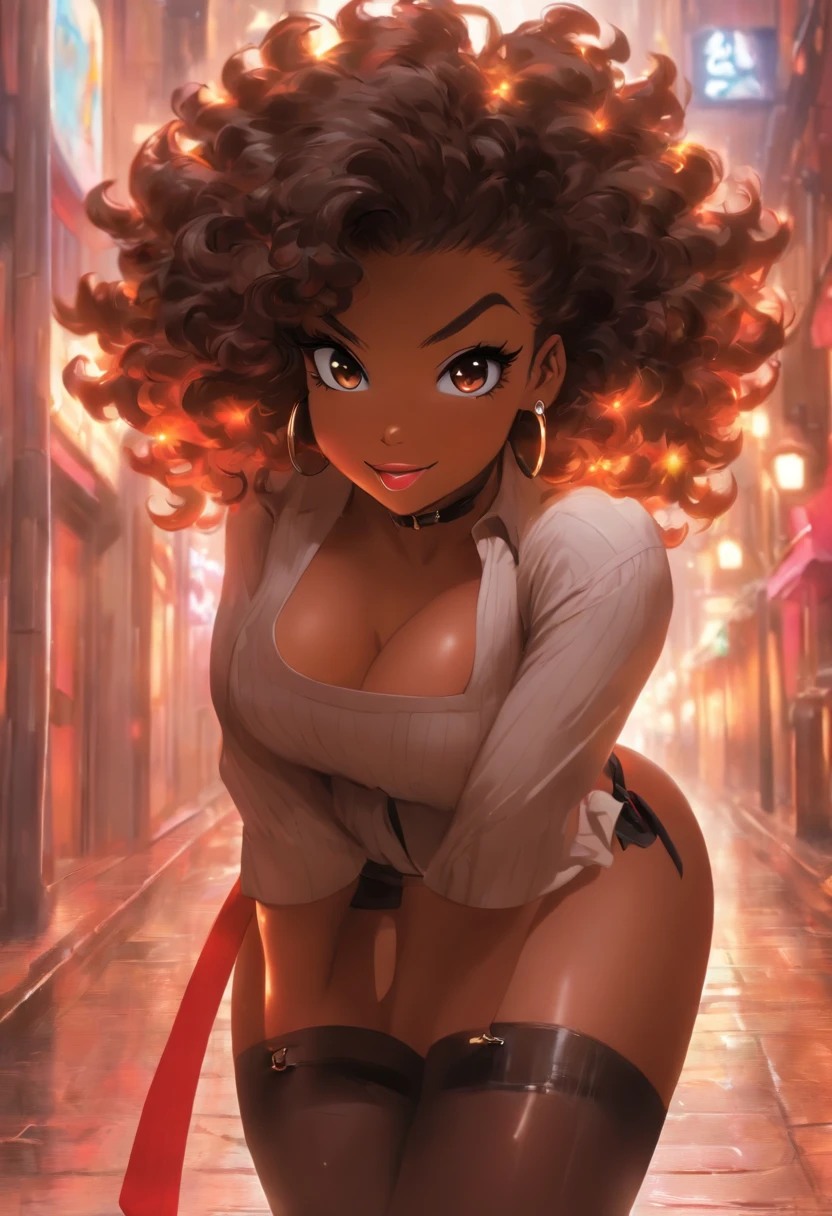 Sexy seductive black girl posing,licking a lollipop, (luscious smile: 0.6), (dark skin, black hair, short curly afro, hair bobbles,):1.2 (large breasts: 1.1),
, sexy, skinny, small waist, (wide hips), gigantic hip bones, heart-shaped derriere, big ass, leash, school uniform, tie, tie ribbon, skirt, beautiful eyes in detail, (masterpiece: 1.2, superb), , (real shot, fine crafted, depth of field), (1girl, solo), makeup, noble, (noble shirt and garter: 1.3), elegant but salacious, blush,:: (red-light district at night), proud, confident, amarous, (glittering and shiny skin), beautiful and diverse jewelry, 21-years old, 'professional' night lady, (curvaceous), (big ass: 1.3), bonny, (small mouth), skirt showing pubic part, random pov, character concept , nijijourneyV51, Translucent material, see-through, vibrator in thighhighs, thighvibe, remote control, beautiful abd_woman, abd_body, perfect abd_face, multiple views, pov, povag, remote controller, remote control, Photo_Comparison, phone, nsfw, smartphone, holding, picture, cellphone, , viewer holding leash, leash pull, (masterpiece, ultra-detailed,best-quality, 2040hd) visual novel, CG m-da s-tarou