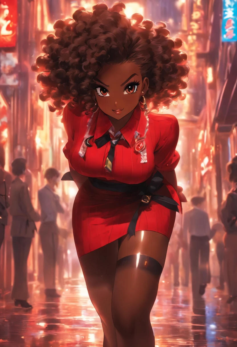 Sexy seductive black girl posing,licking a pop, (luscious smile: 0.6), (dark skin, black hair, short curly afro, hair bobbles,):1.2 (large breasts: 1.1),
, sexy, skinny, small waist, (wide hips), gigantic hip bones, heart-shaped derriere, big ass, leash, school uniform, tie, tie ribbon, skirt, beautiful eyes in detail, (masterpiece: 1.2, superb), , (real shot, fine crafted, depth of field), (1girl, solo), makeup, noble, (noble shirt and garter: 1.3), elegant but salacious, blush,:: (red-light district at night), proud, confident, amarous, (glittering and shiny skin), beautiful and diverse jewelry, 21-years old, 'professional' night lady, (curvaceous), (big ass: 1.3), bonny, (small mouth), skirt showing pubic part, random pov, character concept , nijijourneyV51, Translucent material, see-through, vibrator in thighhighs, thighvibe, remote control, multiple views, pov, povag, remote controller, remote control, ((Photo_Comparison, phone, nsfw, smartphone, holding, picture, cellphone, ,)) viewer holding leash, leash pull, (masterpiece, ultra-detailed,best-quality, 2040hd) visual novel, CG m-da s-tarou