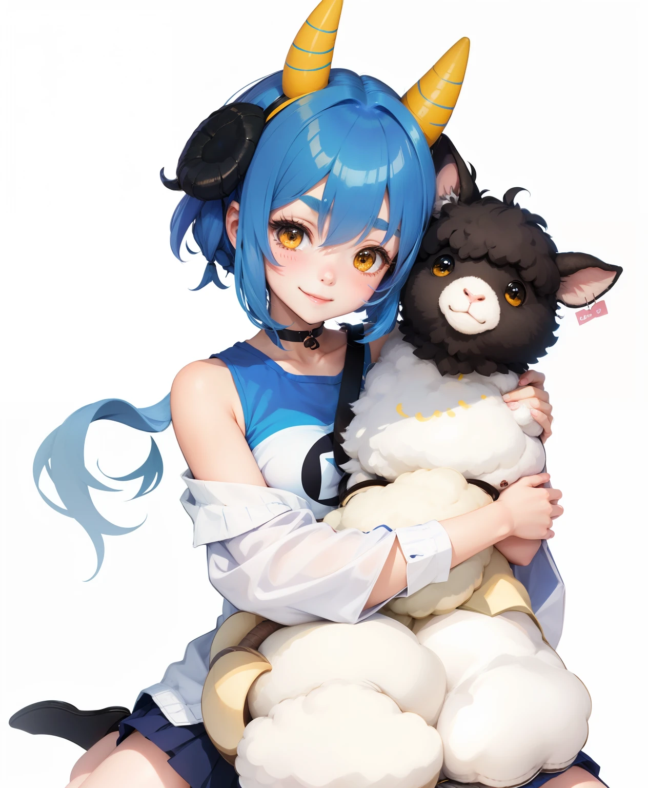 Anime style, smiling  girl, Girl hugging stuffed sheep in pasture, Blue Short Twin Tail, 20yr old, There is only one horn in the left head, however、no other, Yellow thick eyebrows, Ears are not human ears, But sheep's ears, sitting on　Taken from the right　cute little　Hair is short