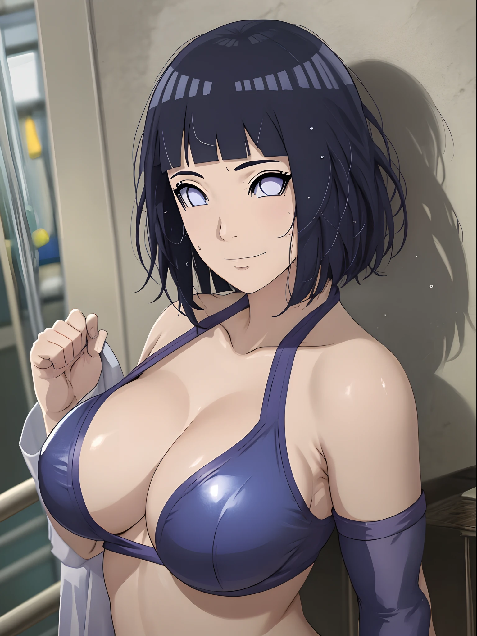 (ultra detailed body and face), poster, anime style, hires ((wrestling ground)), (hinata\(boruto\), (female wrestler), (slender body, sweating, tired), mature woman, milf, (bikini, ultra detailed pro wrestling gear) victorious, gorgeous, winner, kind face, smile, closed mouth, (pale skin, shiny skin, lighting and shadow), (dark blue hair color:1.1), wavy hair, ((short hair, hime cut), big breasts, (only one arm stretching), long belly, closed fists, seductive, (perfect eyes, white sciera, bright eyes, white eyes, anime eyes, eyeshadow, looking at the viewer)