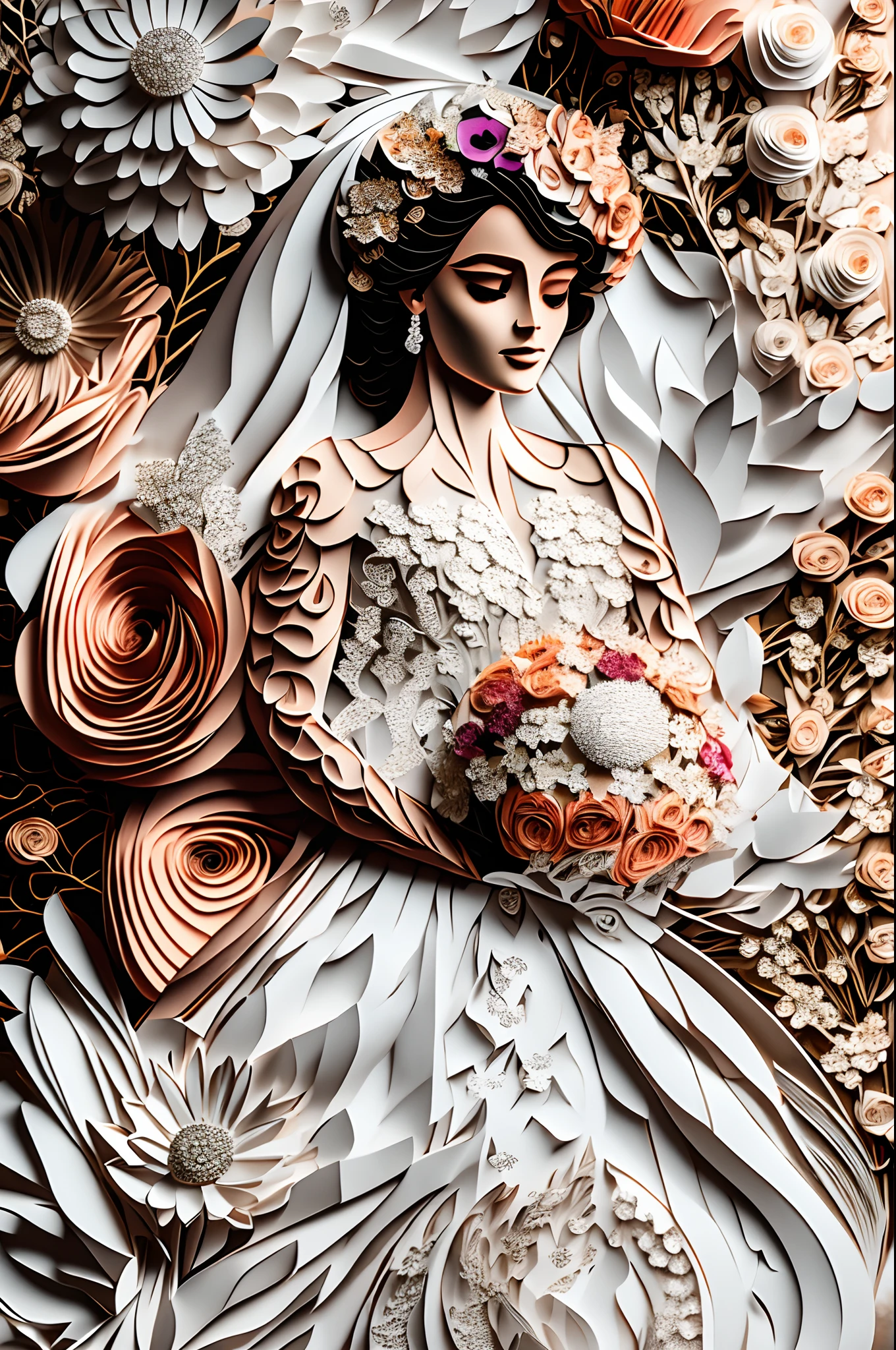 8K, Best Quality, Top resolution, Anatomically correct, ornate detail, Craftsmanship, (paper cut: 1.3), (Bouquet of real fresh flowers in hand: 1.3), (Bride in Haute Couture Wedding Dress :1.1), Face hidden in the veil, stands in a flowering field, Real flowers, Cutouts depicting a flower garden, Fusion with fresh flowers, Art Book,Kirigami bride