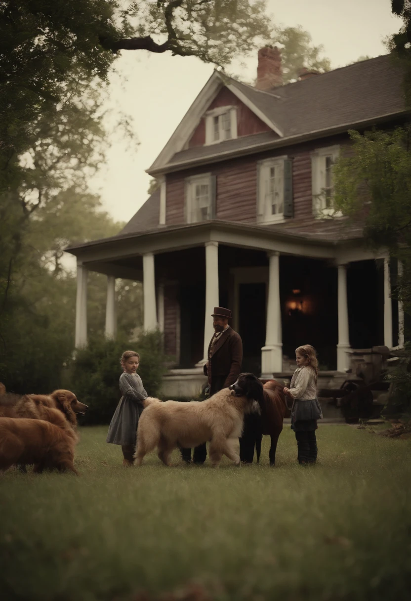 stressful footage of a 1800’s family in the United States outside their house. Scary animal as their pet